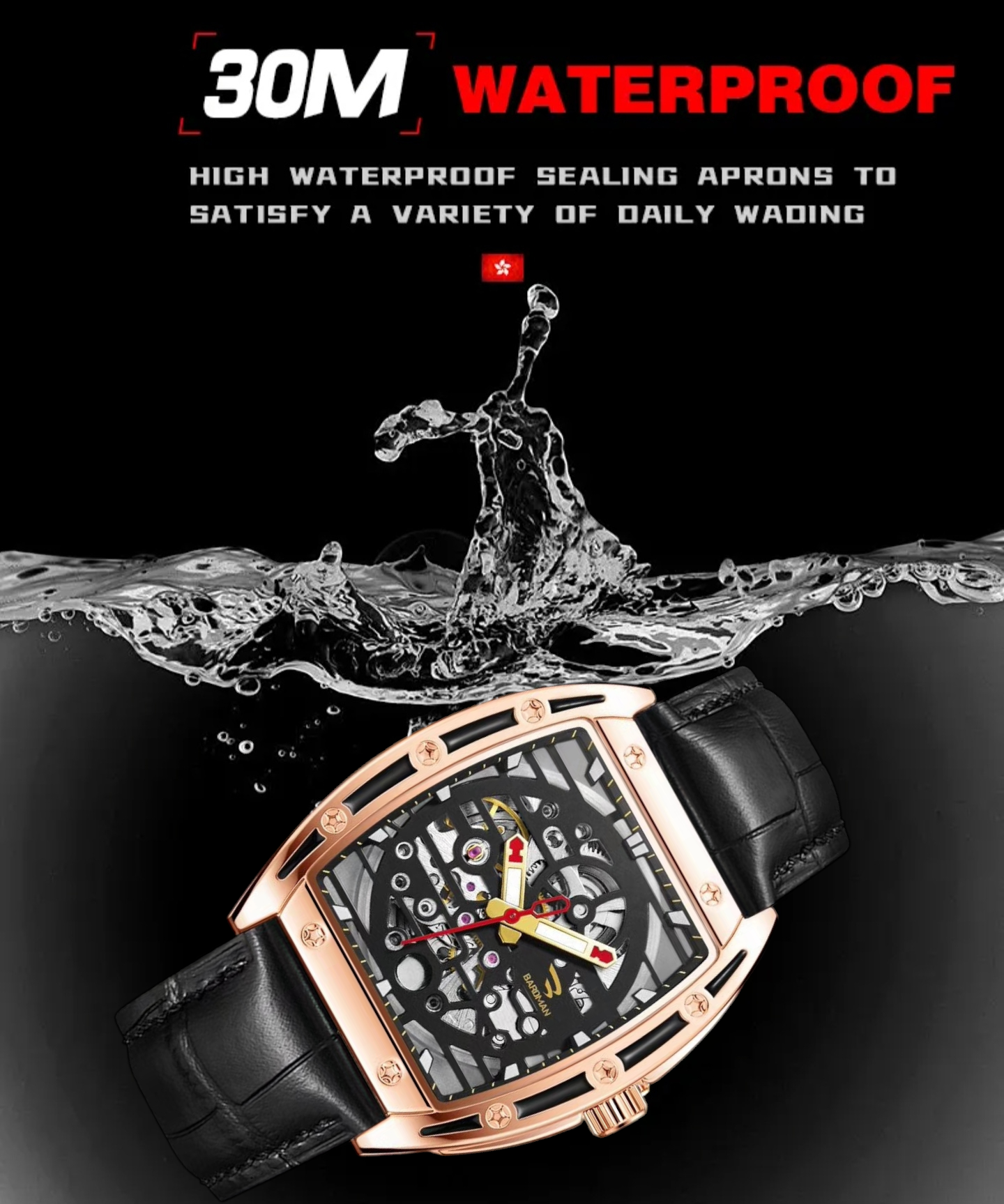 Watch with black leather strap and rose gold case, submerged in water with '30M Waterproof' text above.