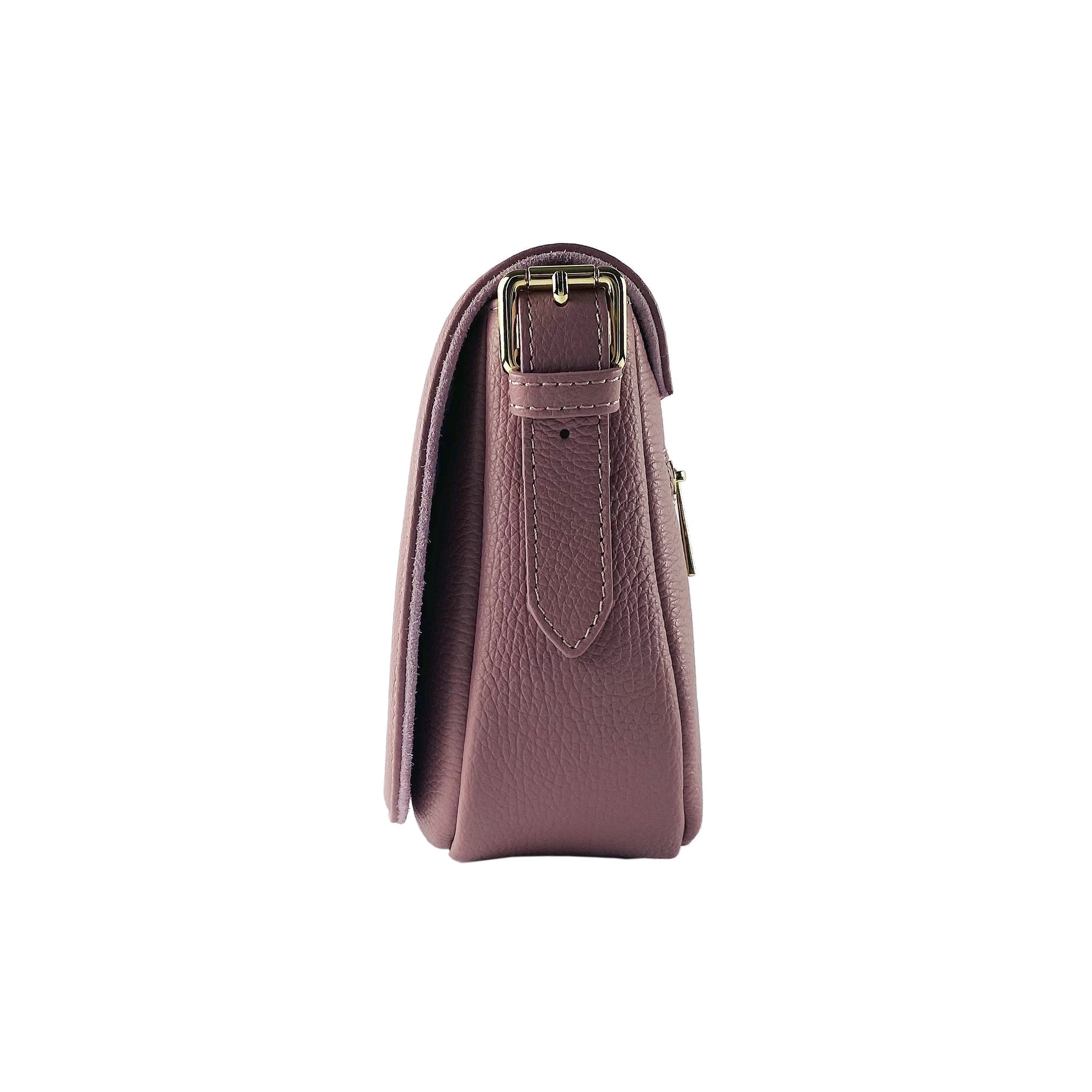 Purple handbag with a gold buckle on a white background