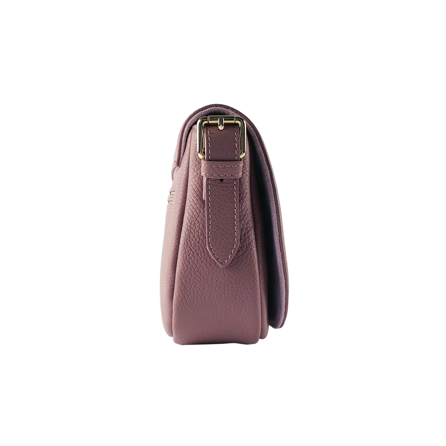 Purple handbag with gold buckle on a white background