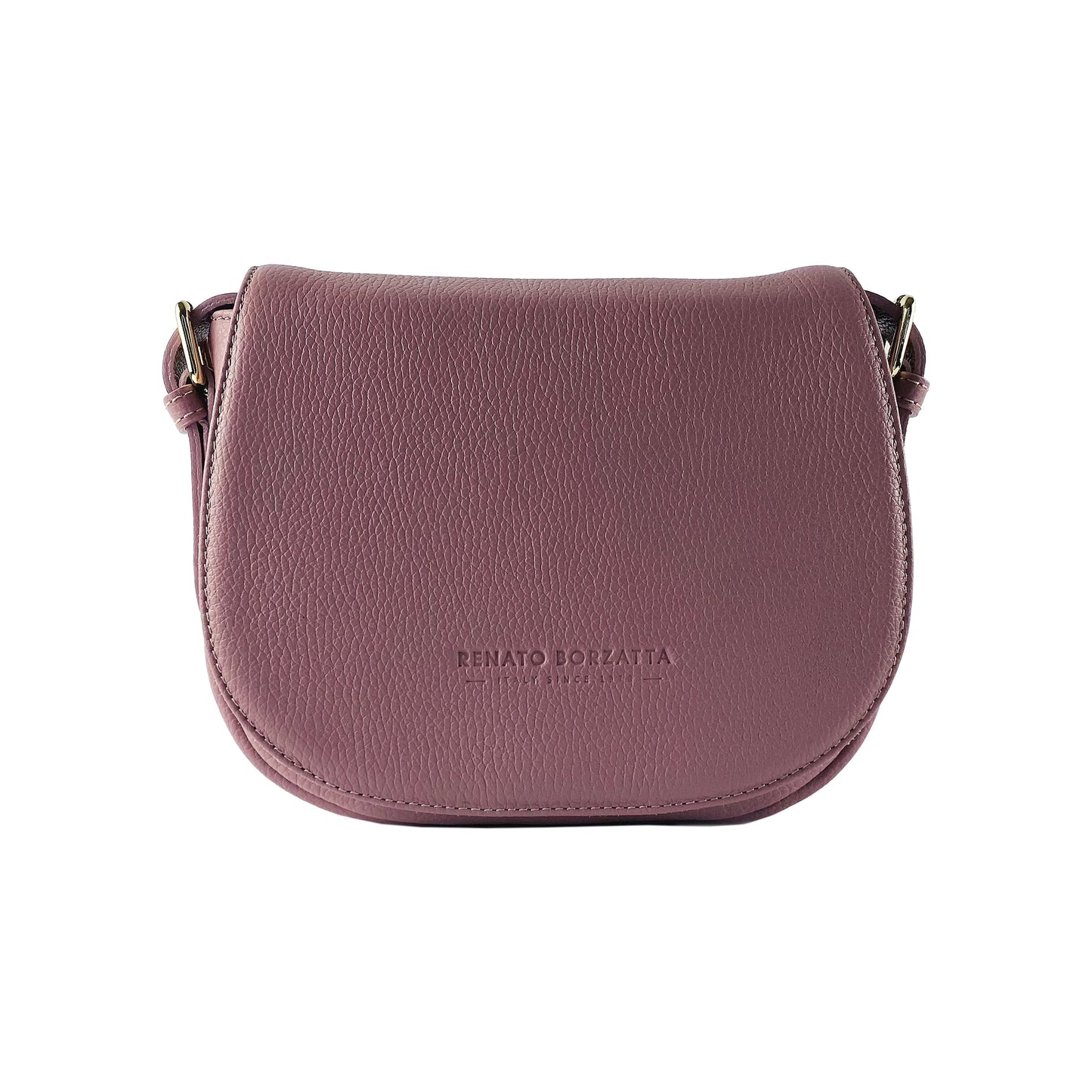 Purple leather saddle bag with brand logo on a white background