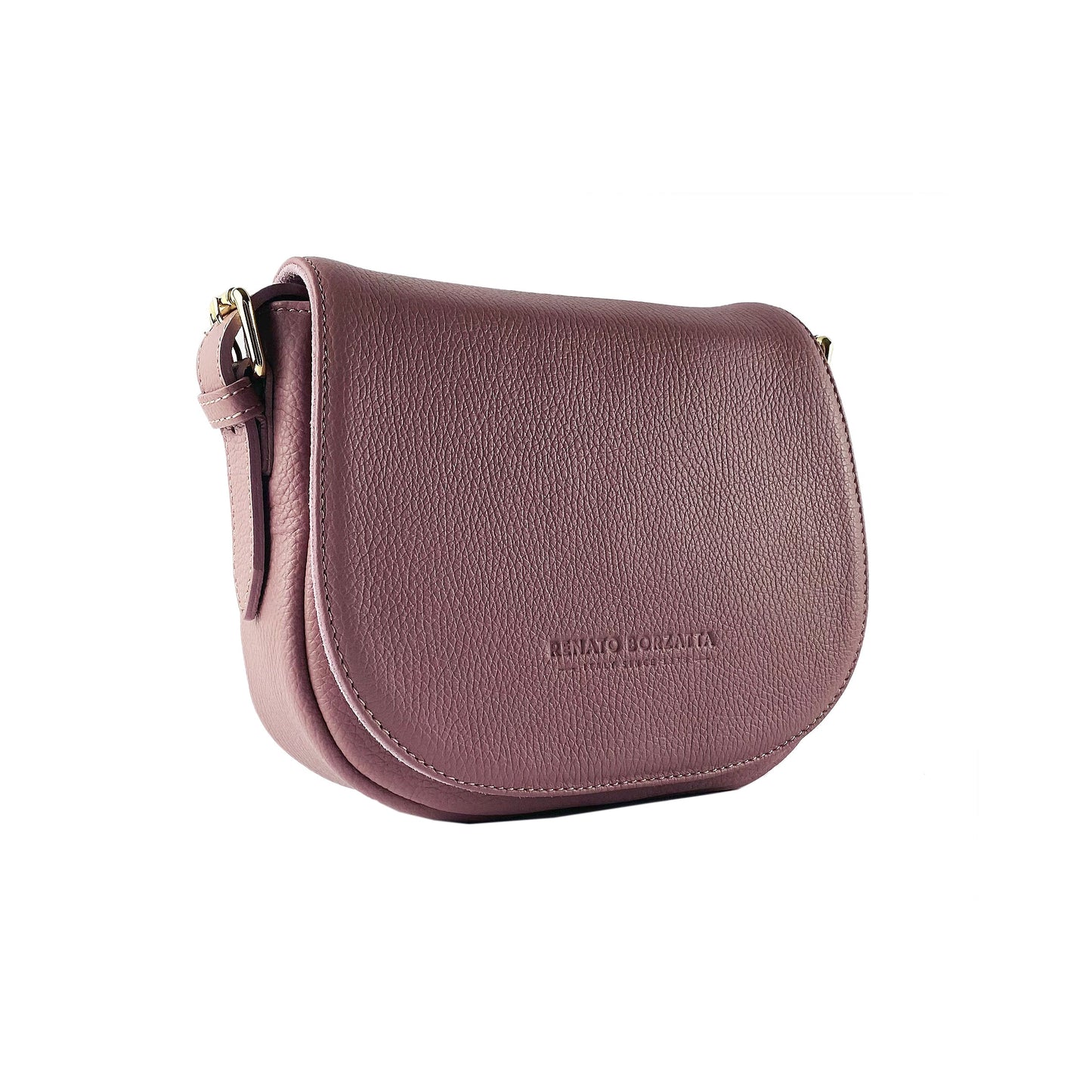 Pink leather saddle bag with brand name on a white background