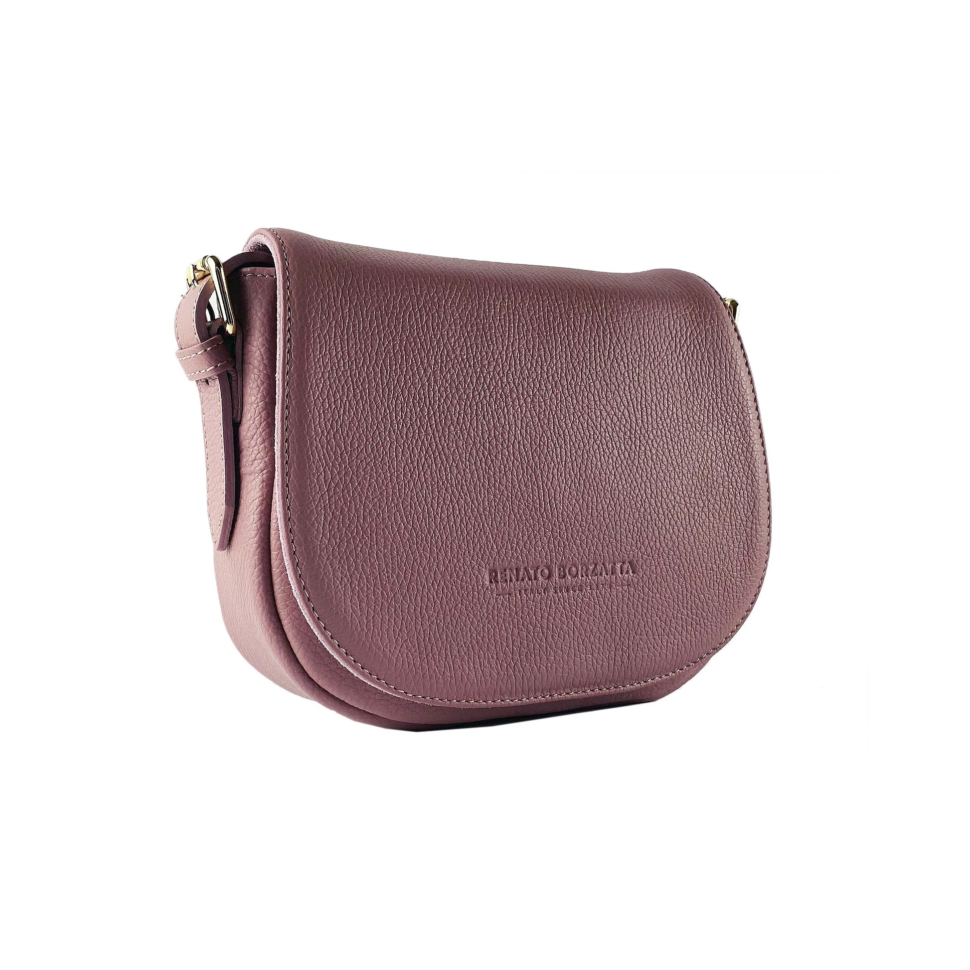 Pink leather saddle bag with brand name on a white background