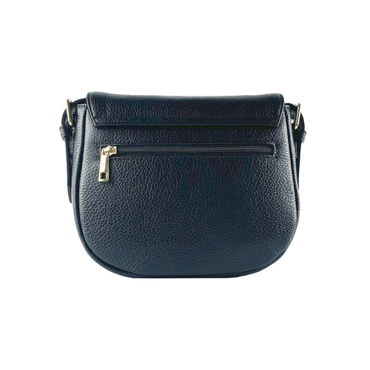 Navy blue handbag with a gold zipper on a white background