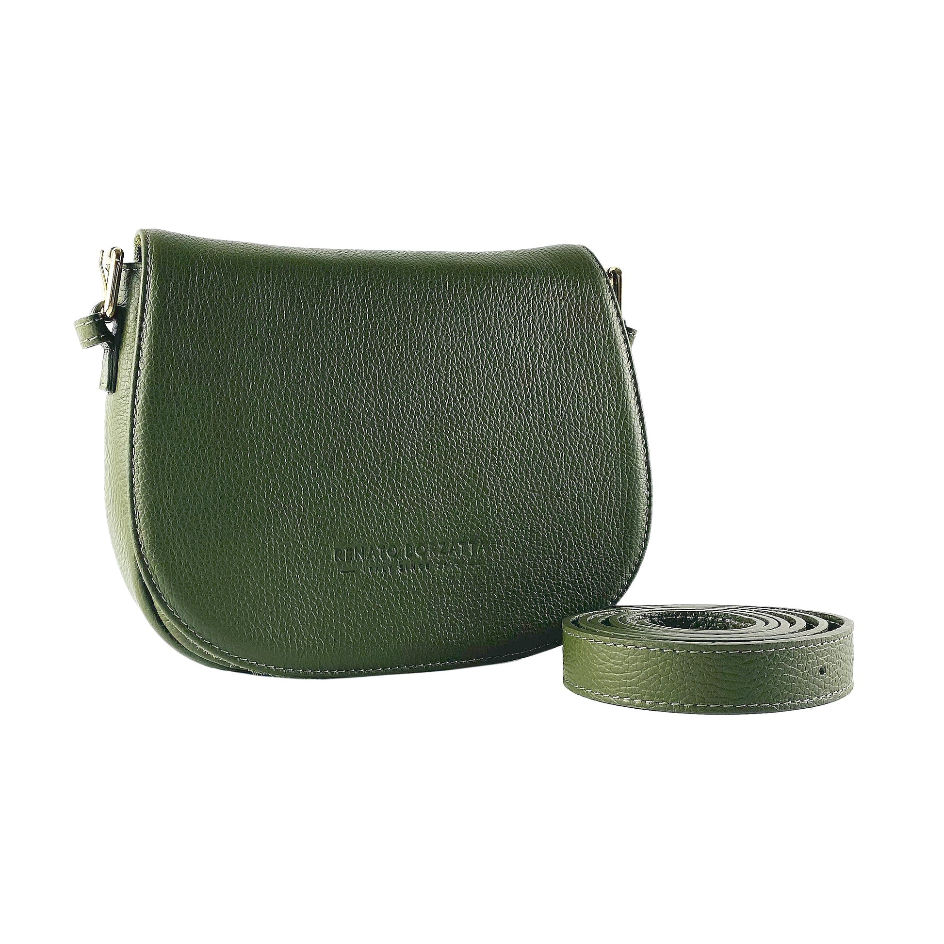 Green leather handbag with matching strap on a white background