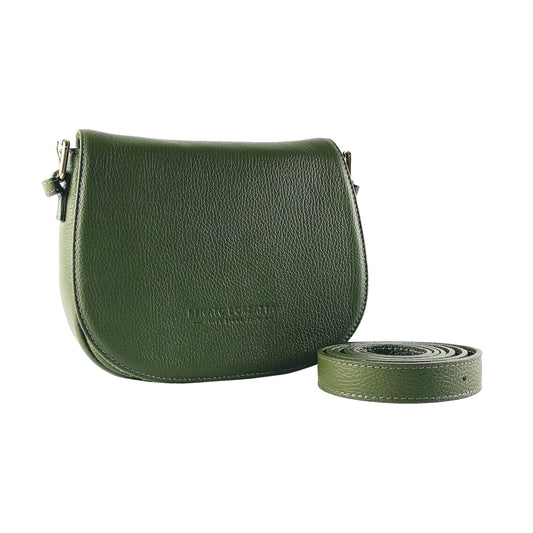 Green leather handbag with matching strap on a white background