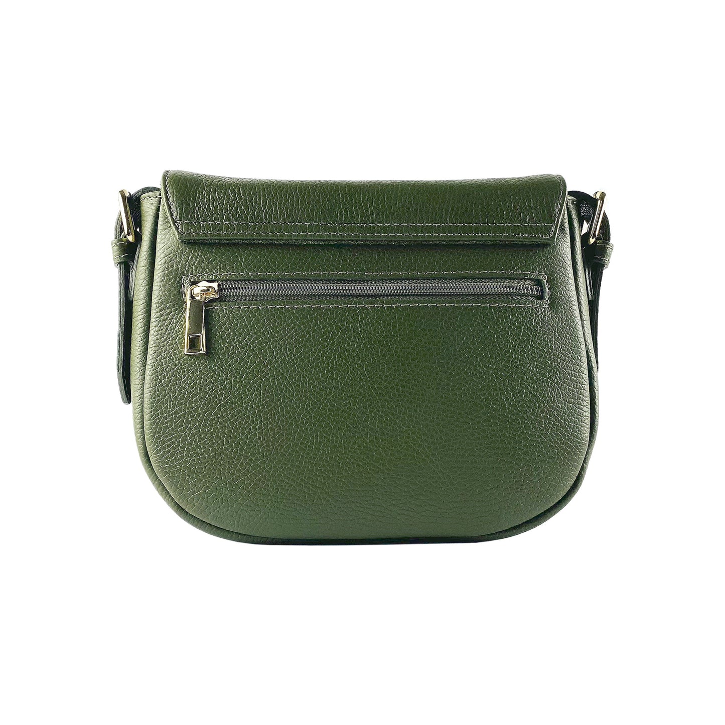 Green leather handbag with a visible zipper on a white background