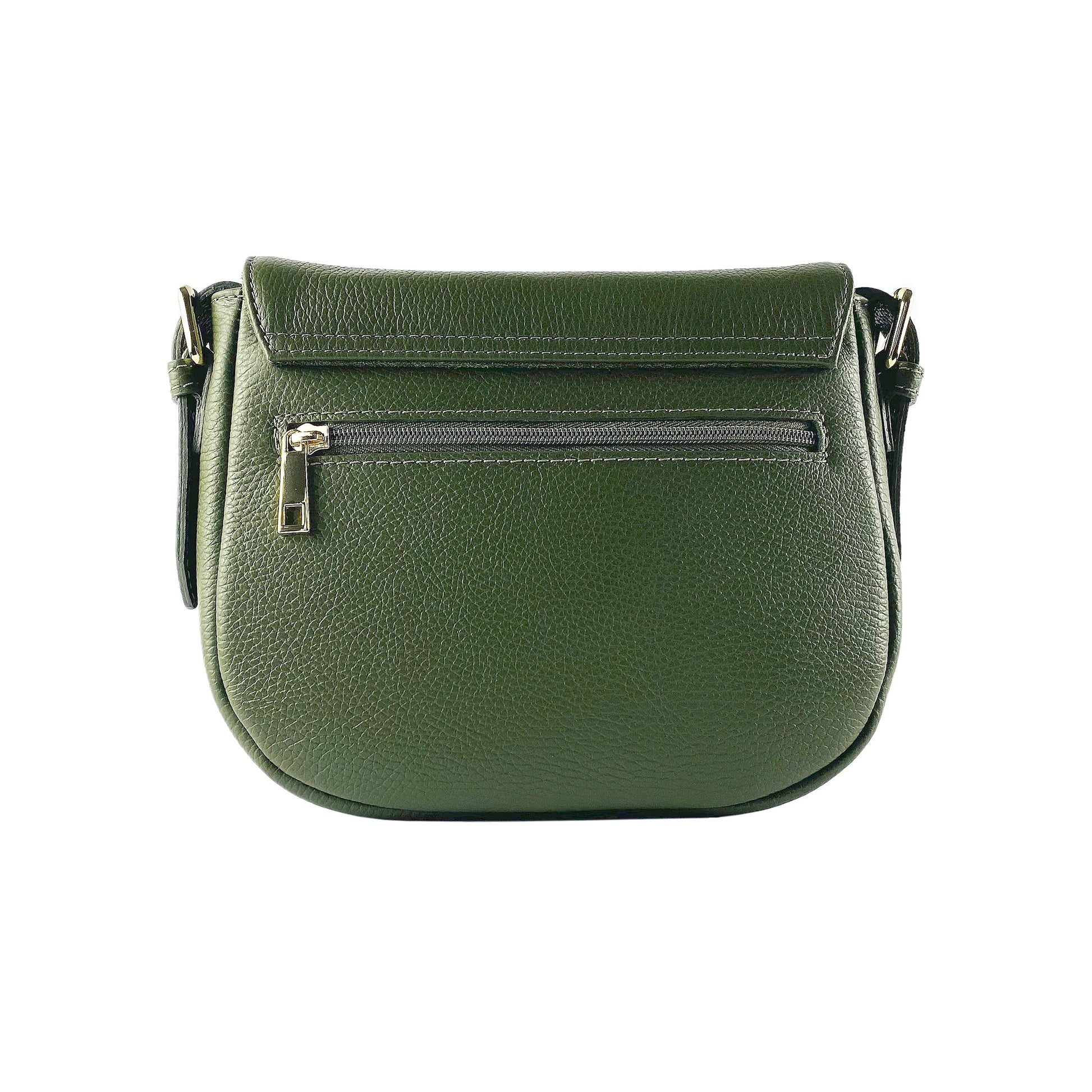 Green leather handbag with a visible zipper on a white background