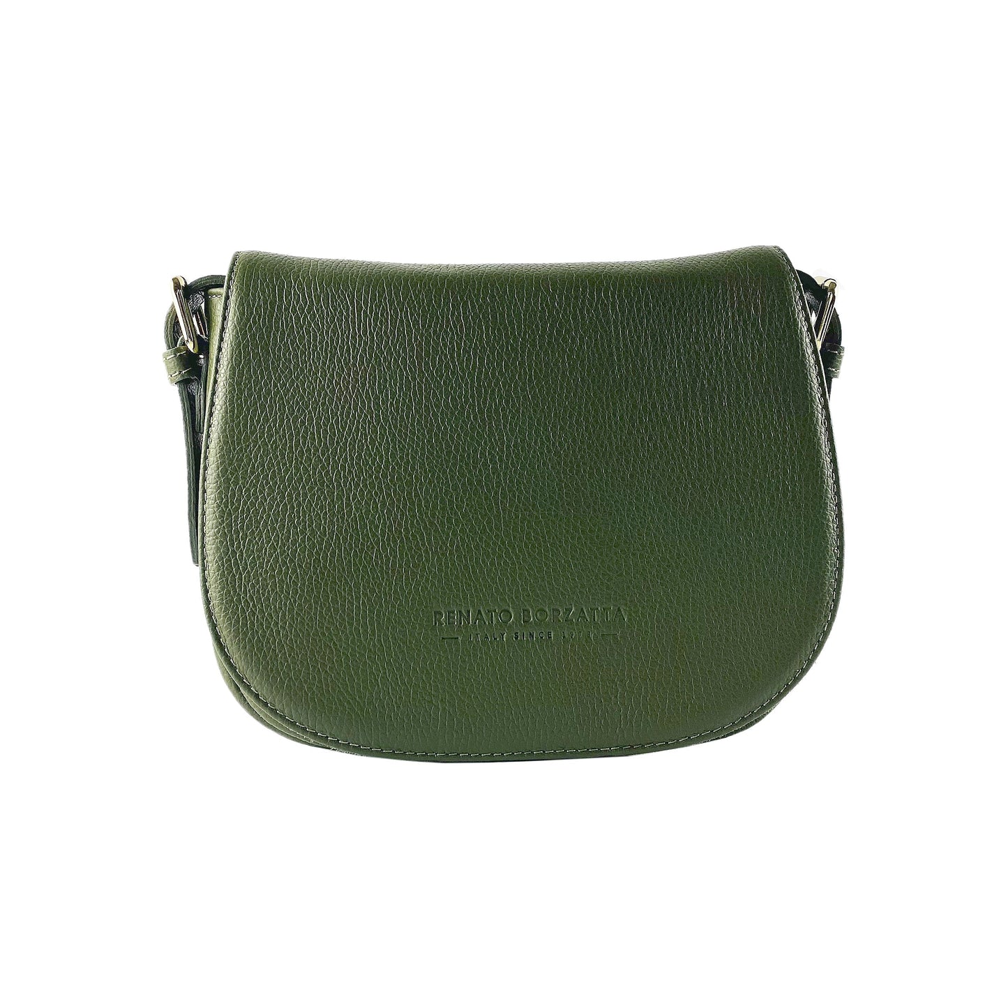 Green leather handbag with a visible brand logo on a white background