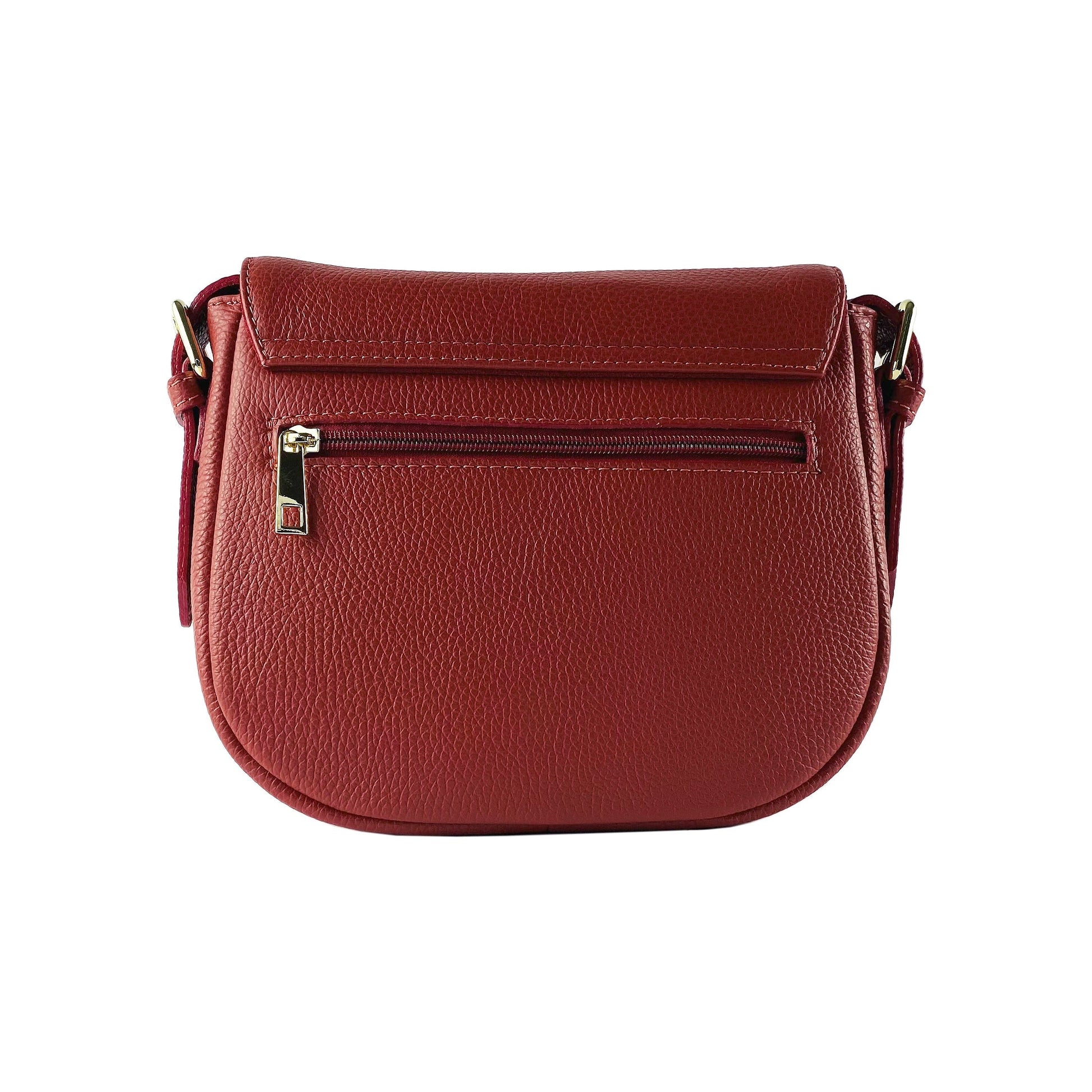 Red handbag with a gold zipper on a white background