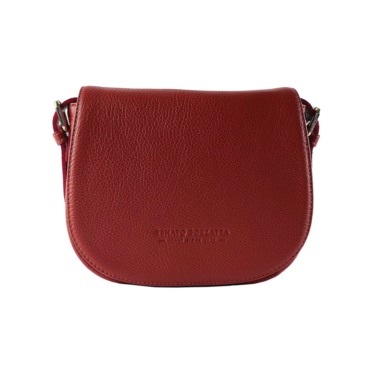 Red leather handbag with a visible brand logo on a white background