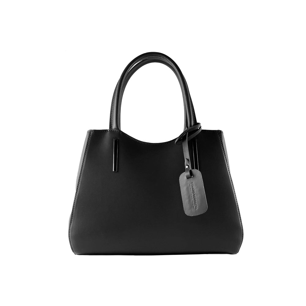Black handbag with a gray tag on a white background