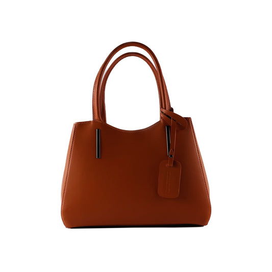 Brown handbag with a tag on a white background