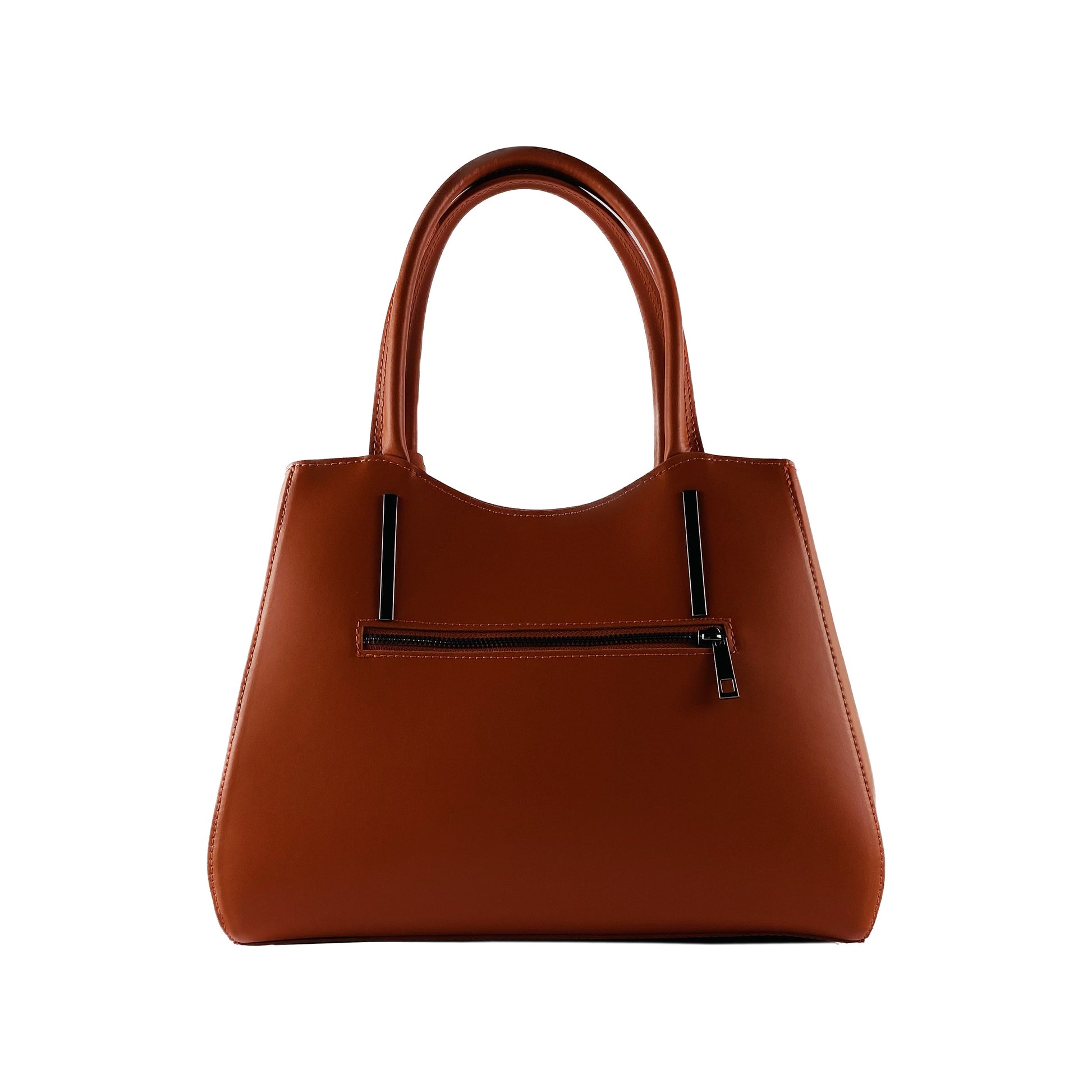 Brown handbag with a visible zipper on a white background