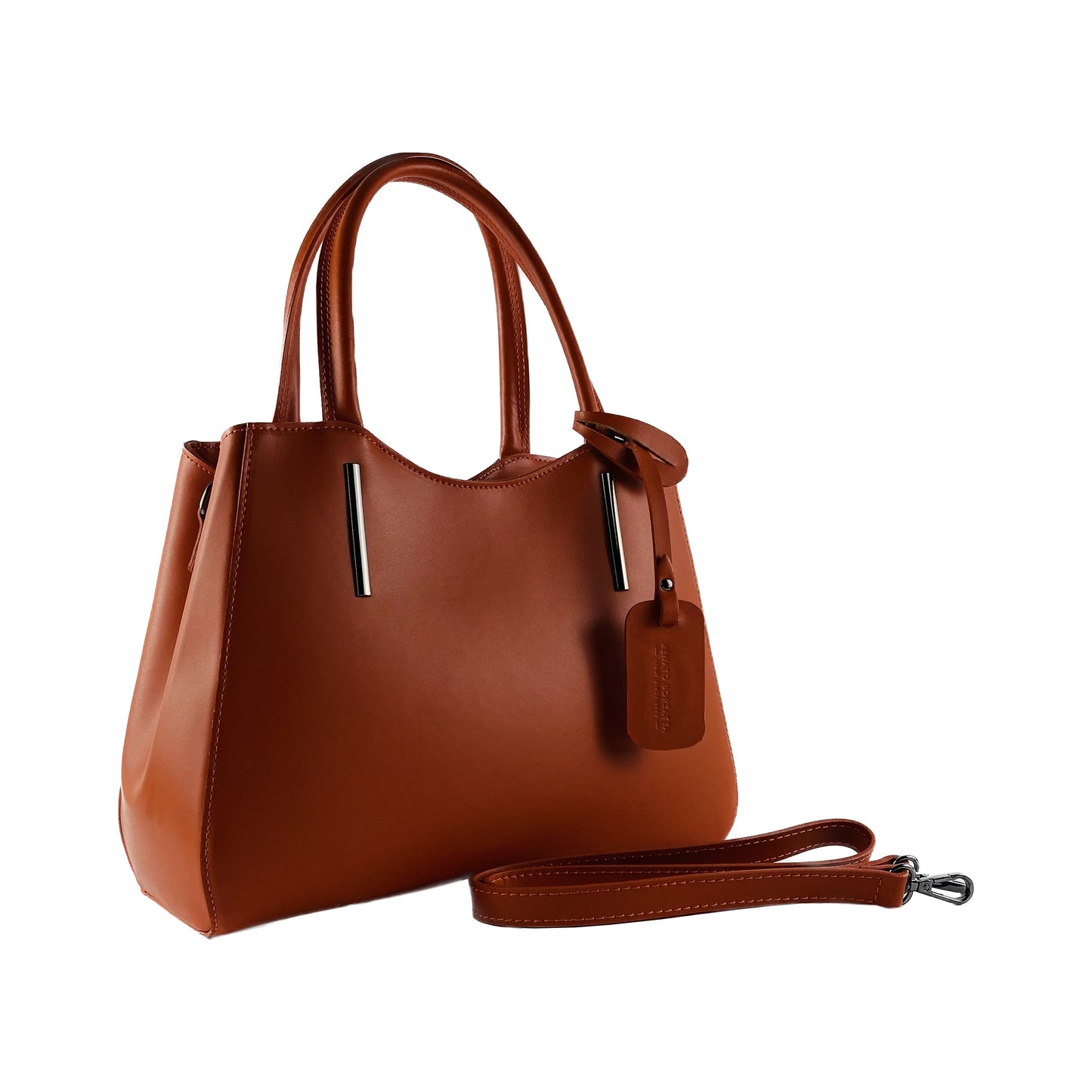 Brown handbag with a strap on a white background