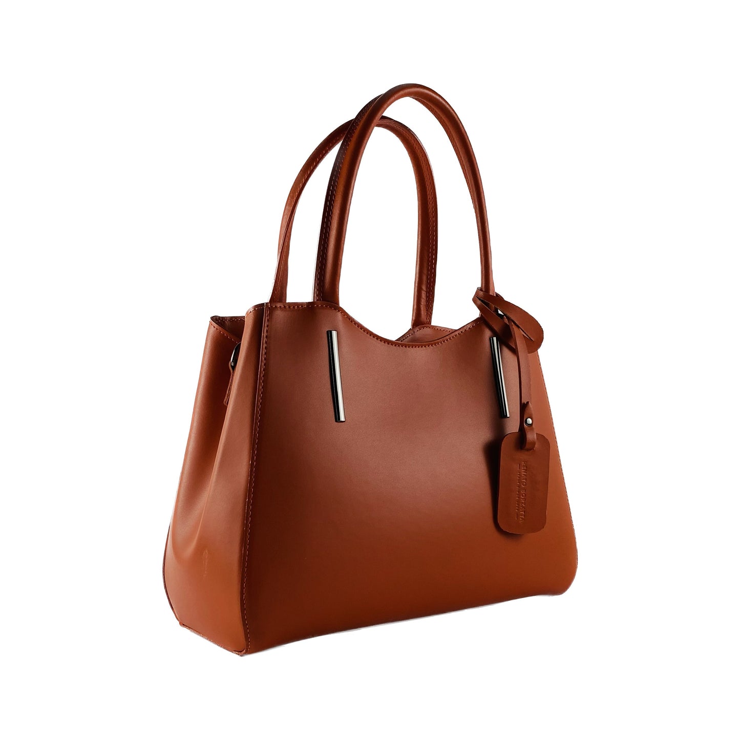 Brown leather handbag with a tag on a white background