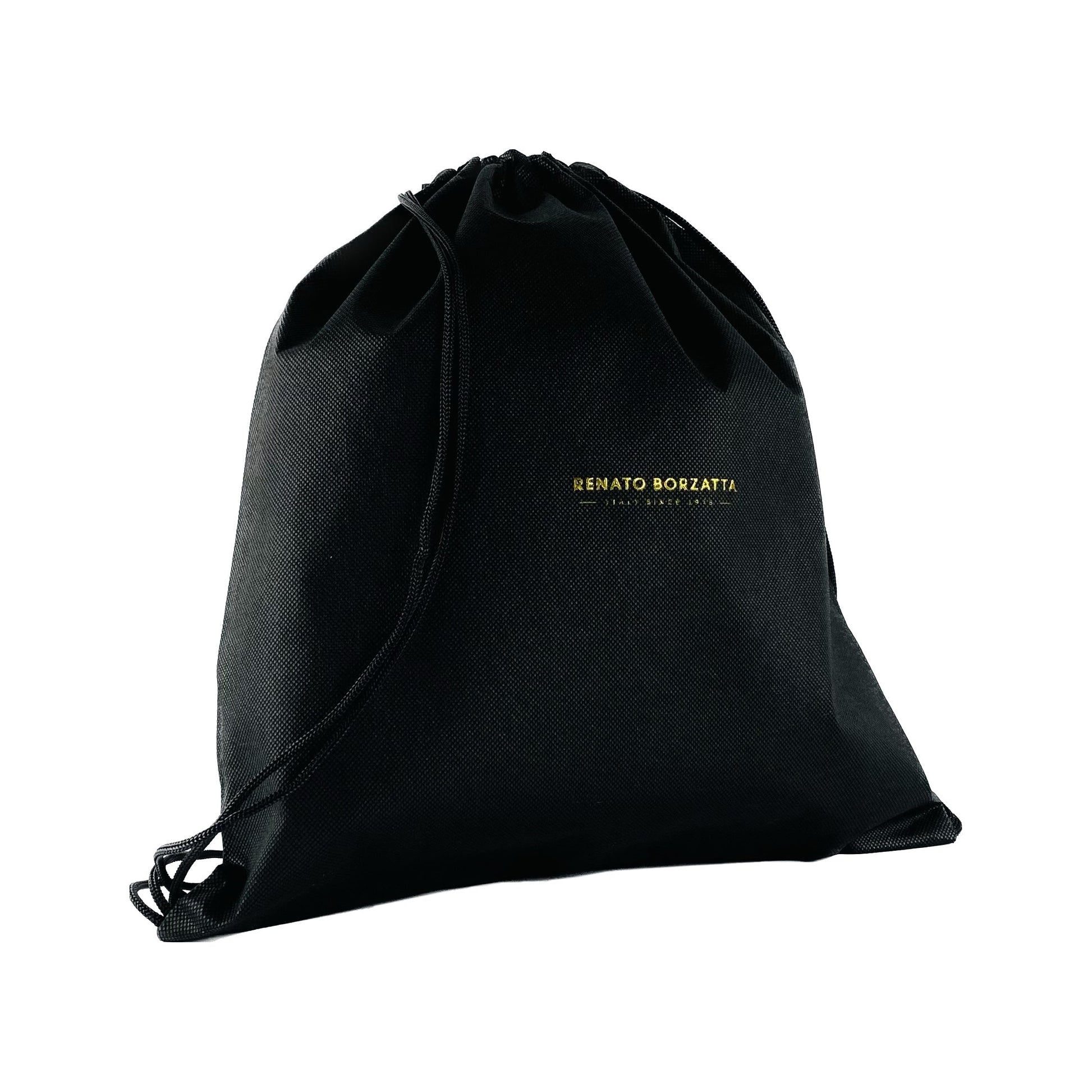 Black drawstring bag with 'Renato Borzatta' branding on a white background