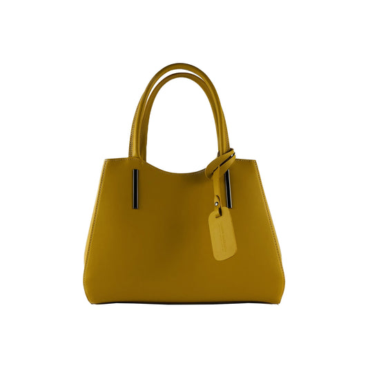Yellow handbag with a tag on a white background