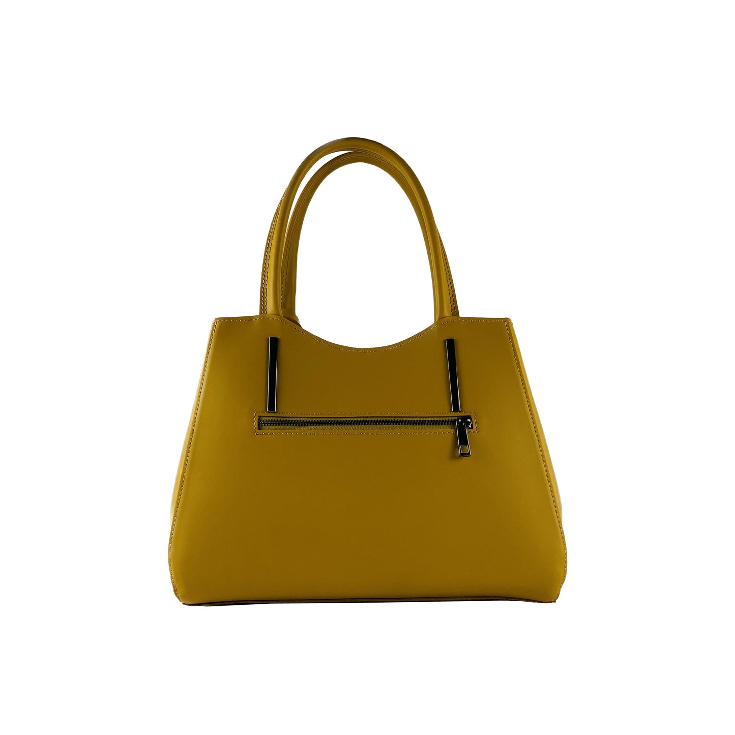 Yellow handbag with a black zipper on a white background