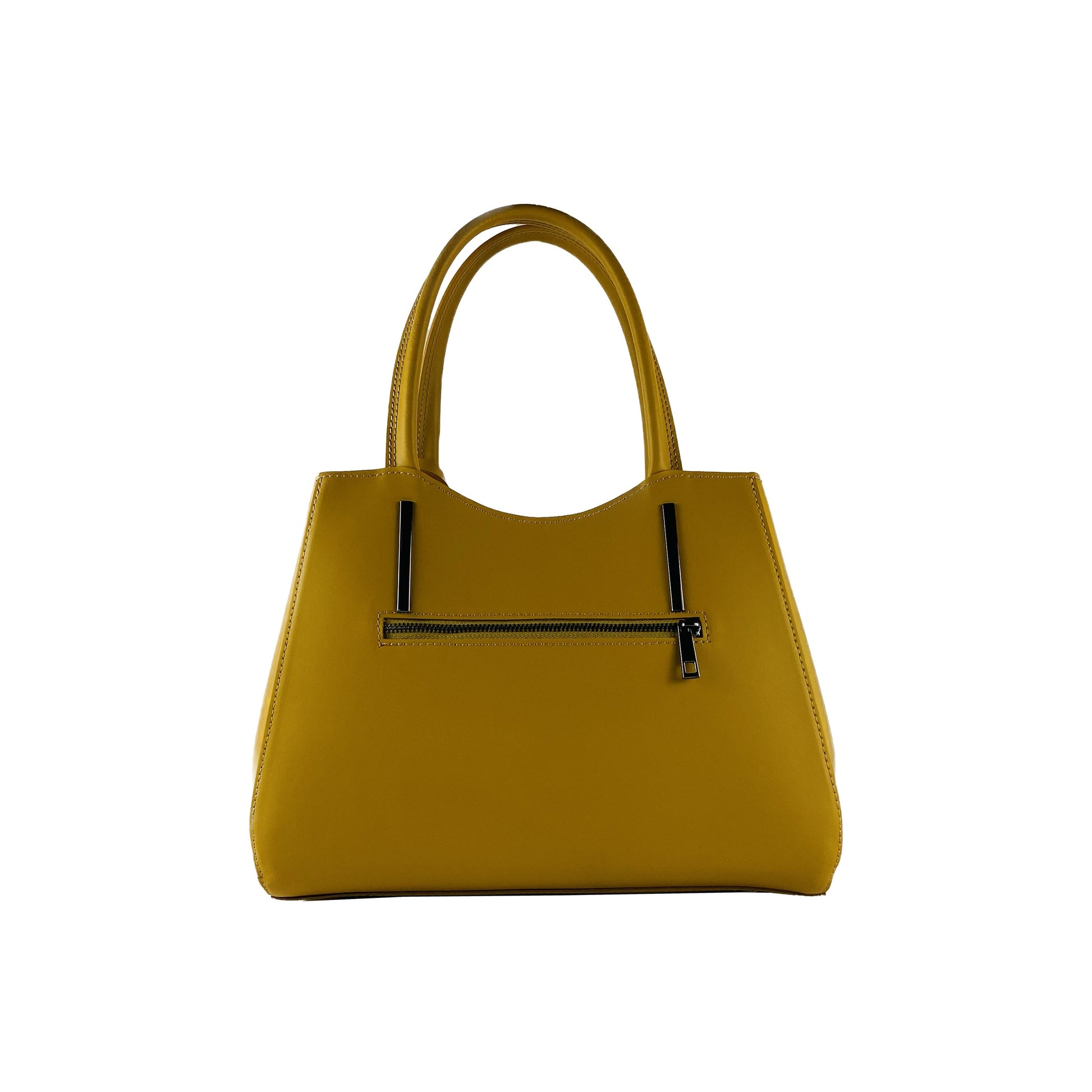 Yellow handbag with a black zipper on a white background