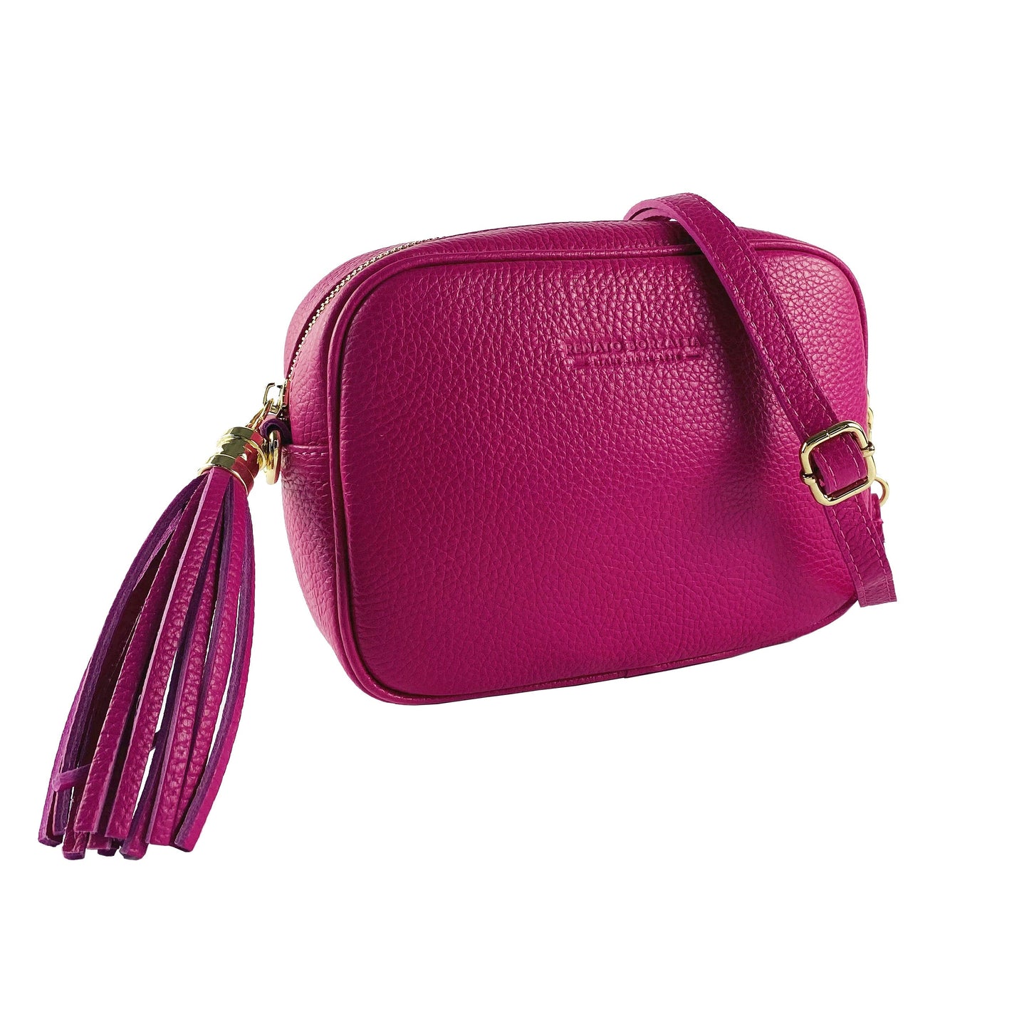 Pink leather crossbody bag with a tassel on a white background