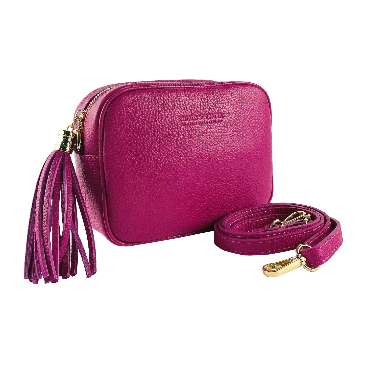 Pink leather crossbody bag with a tassel on a white background