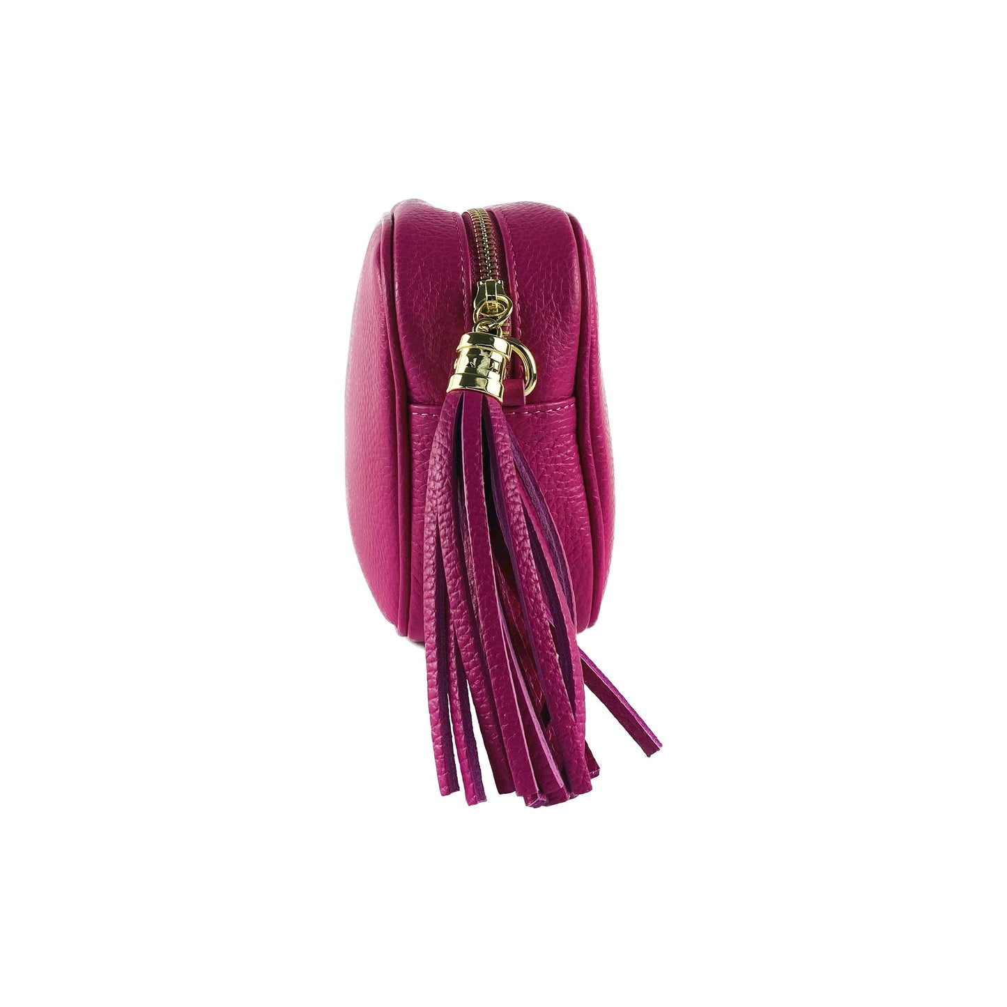 Pink leather pouch with tassel and gold zipper on a white background