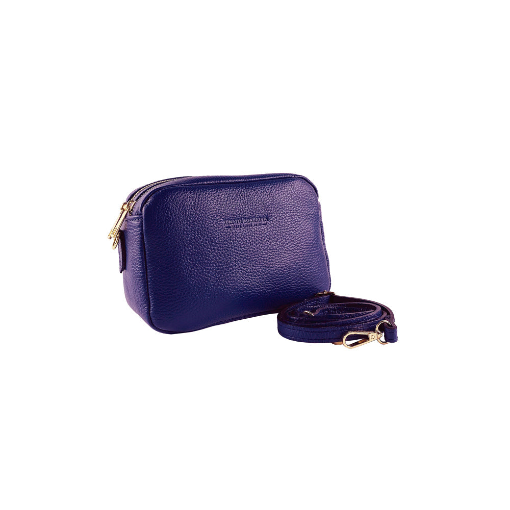 Purple leather crossbody bag with a strap on a white background