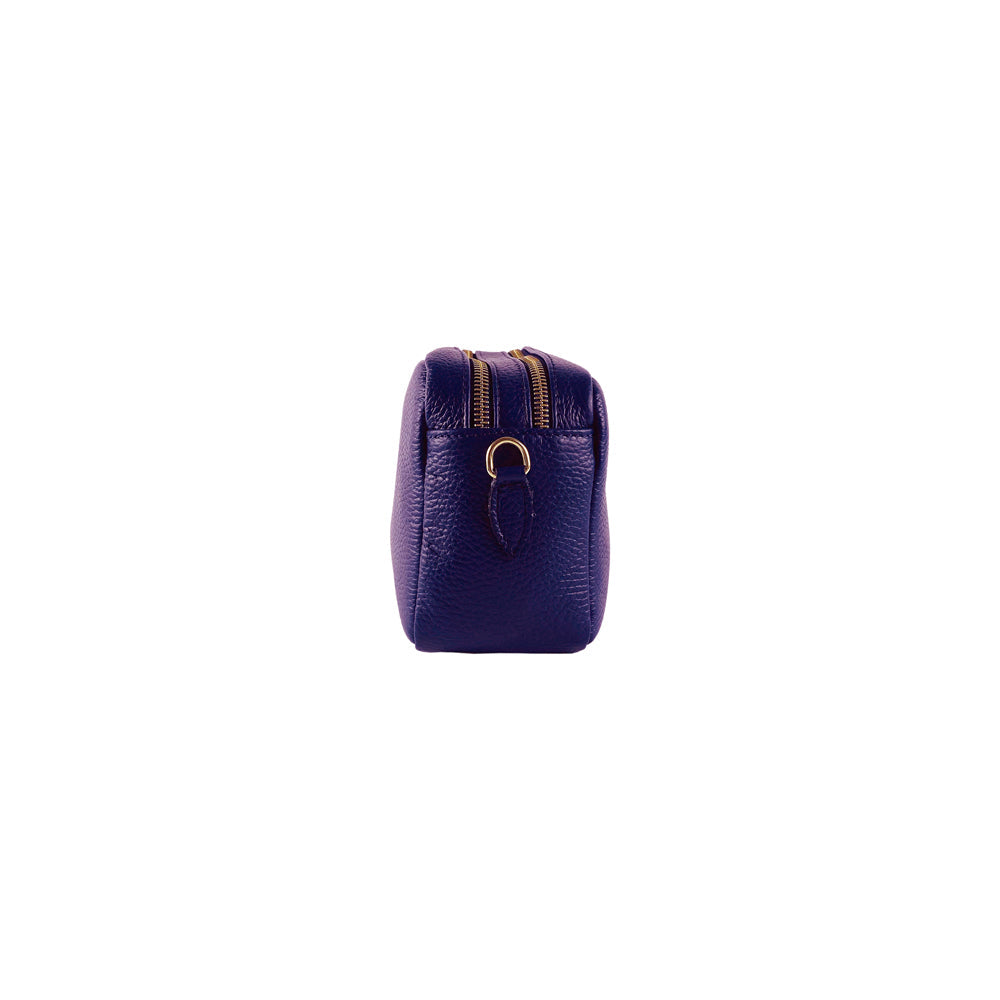 Purple leather pouch with gold zipper and clasp on a white background