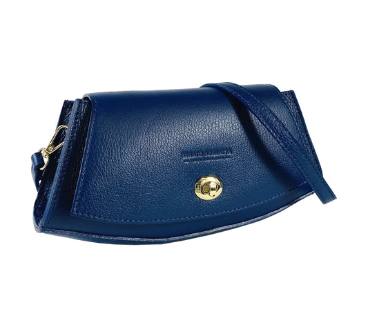 Blue leather handbag with gold clasp on a white background