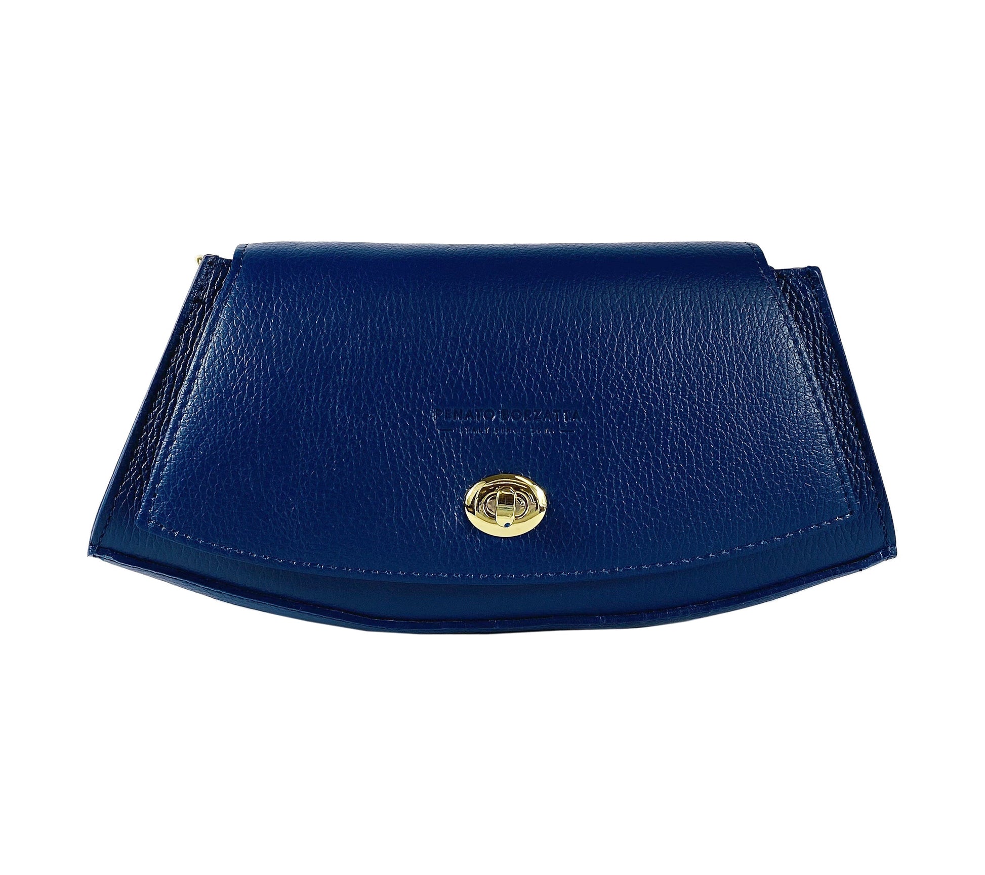 Blue leather pouch with a gold clasp on a white background