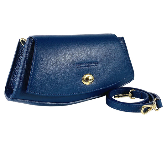 Blue handbag with gold accents on a white background