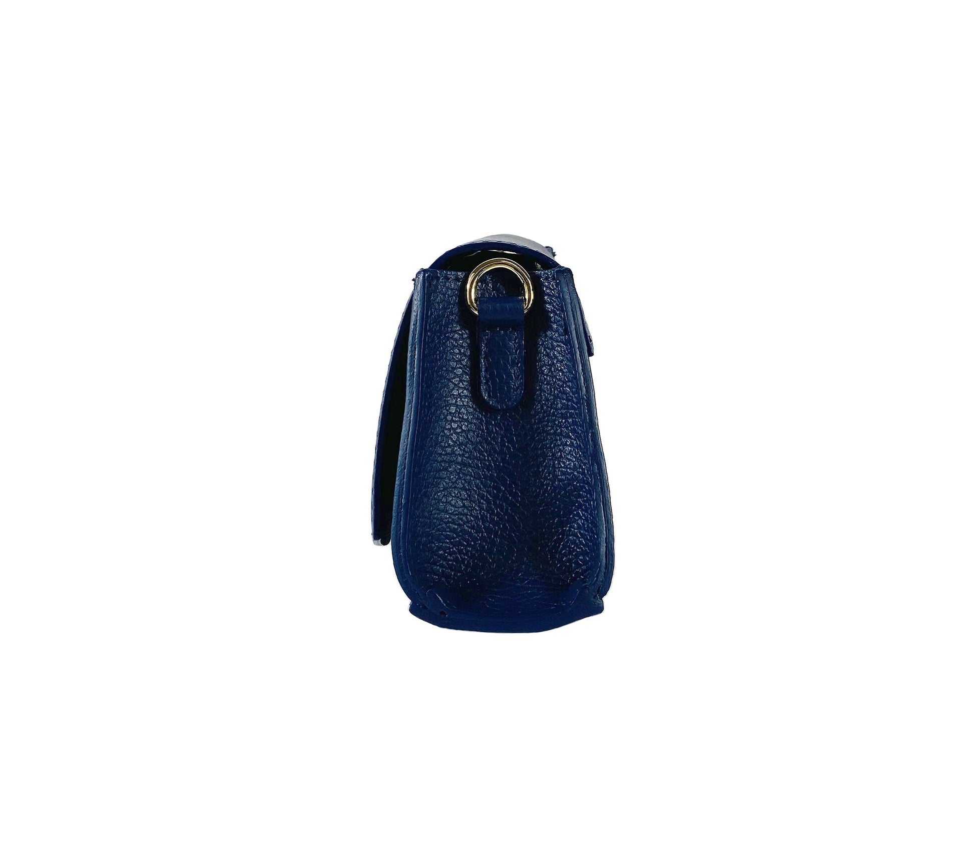 Navy blue handbag with a gold clasp on a white background