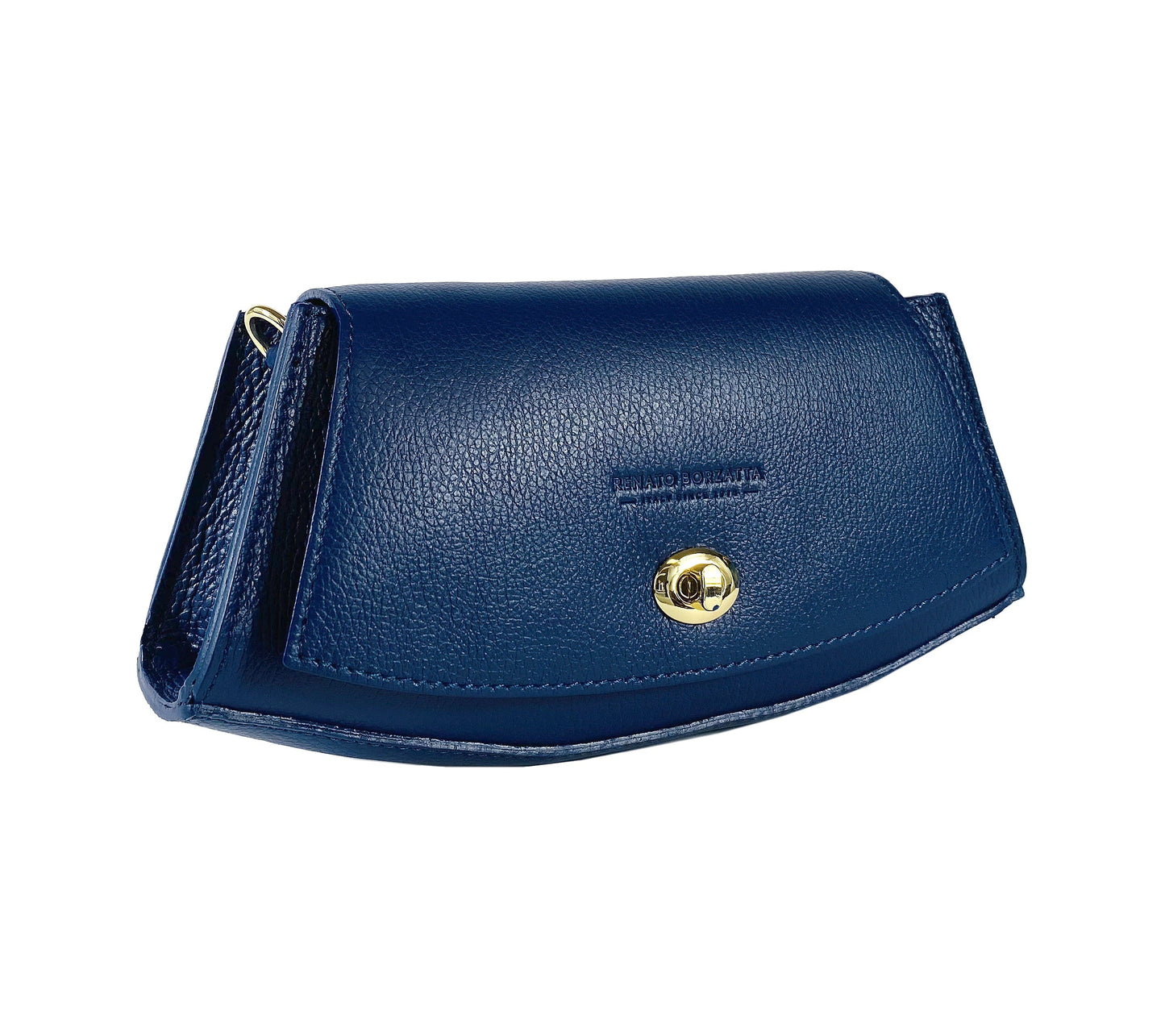 Blue handbag with a gold clasp on a white background