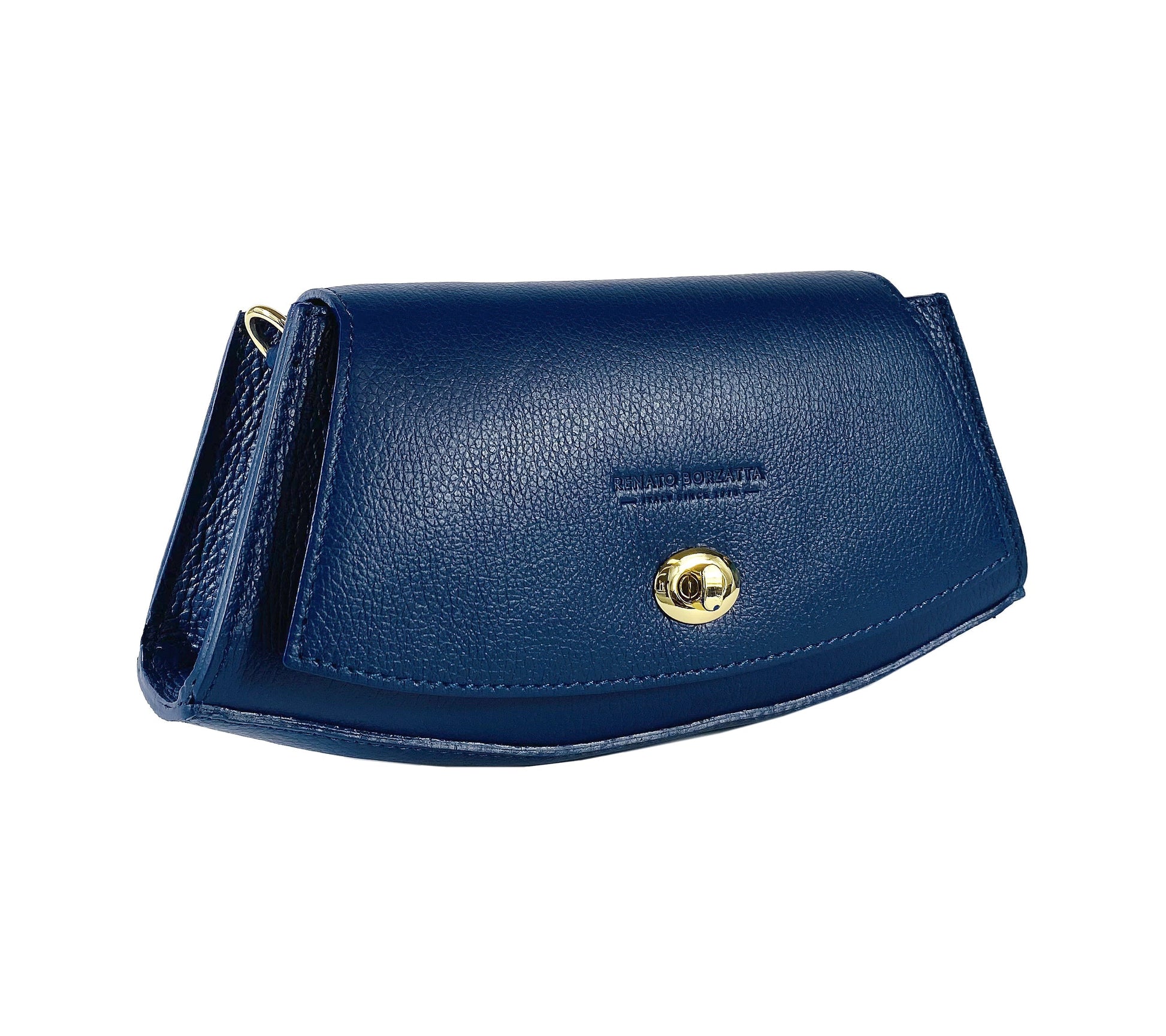Blue handbag with a gold clasp on a white background