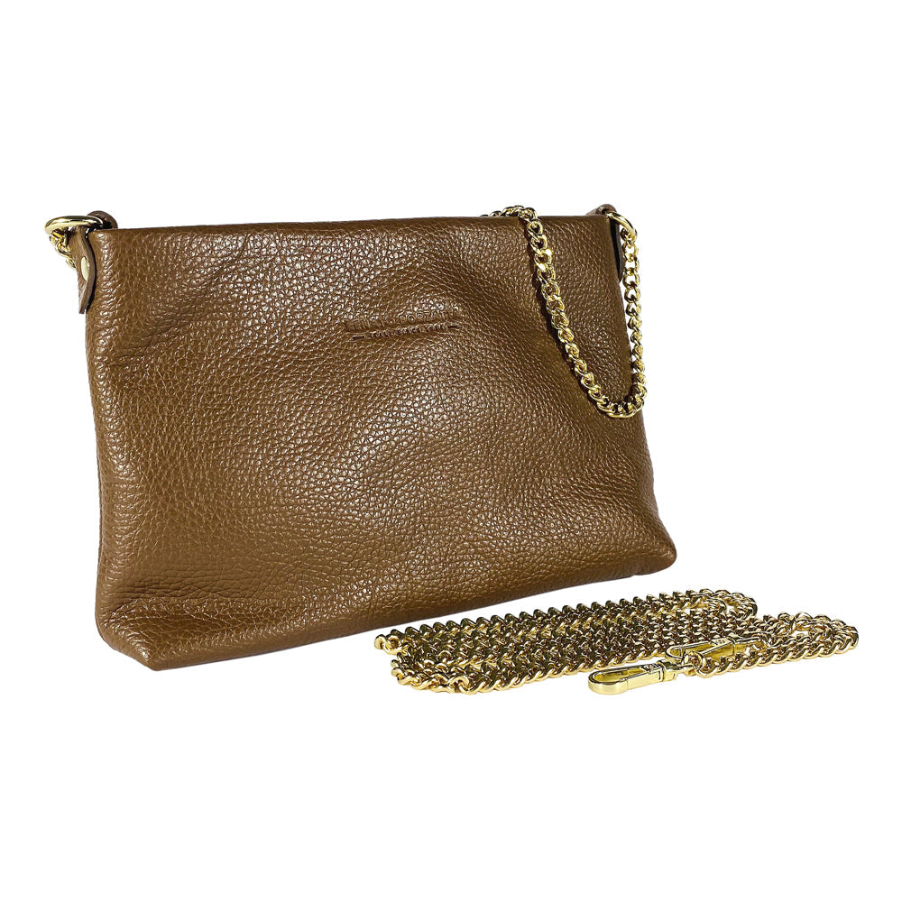 Brown leather handbag with gold chain strap on a white background