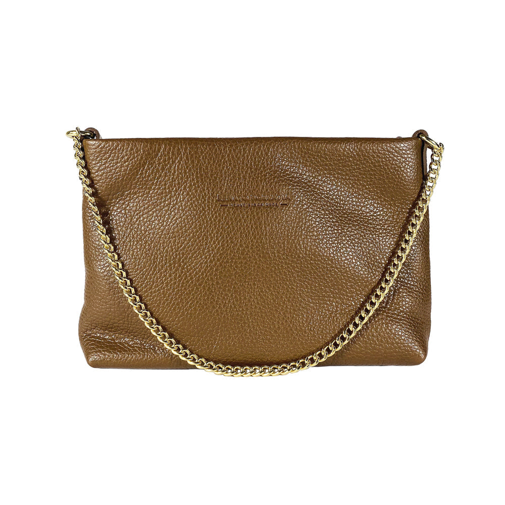 Brown leather handbag with gold chain strap on a white background