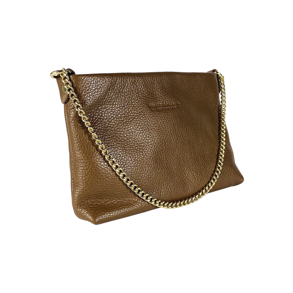 Brown leather handbag with gold chain strap on a white background