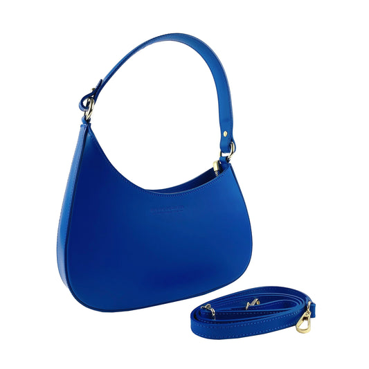 Blue handbag with matching strap on a white background