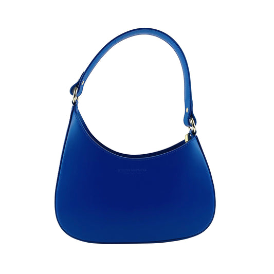 Blue handbag with gold hardware on a white background