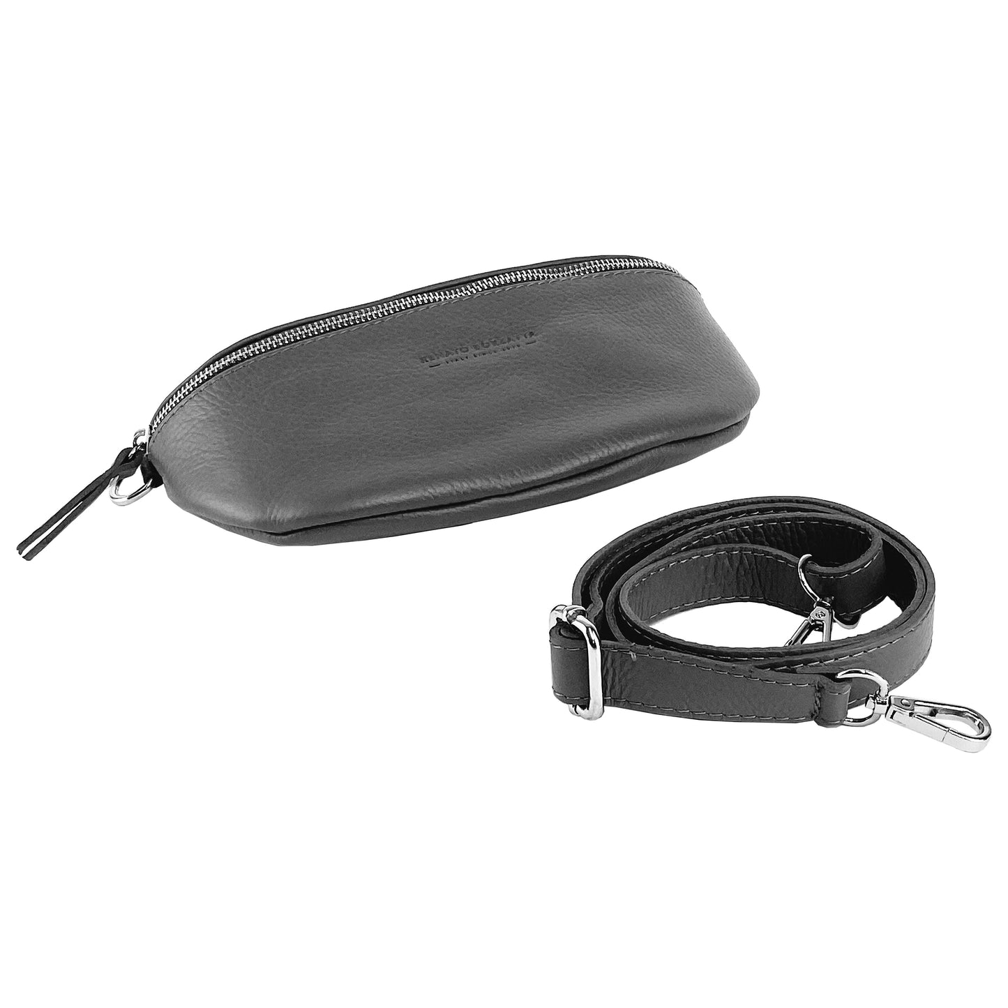 Black leather pouch with a matching strap on a white background