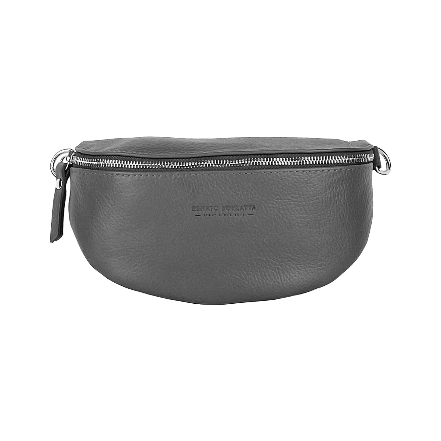 Gray leather waist bag with a visible brand logo on a white background