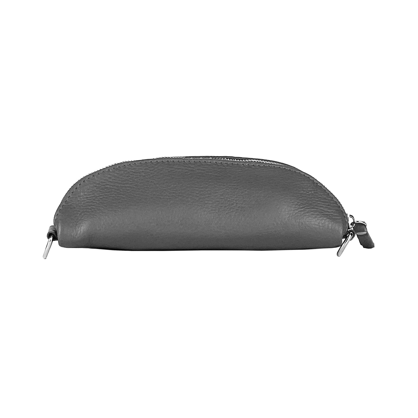 Gray leather pouch with a zipper on a white background