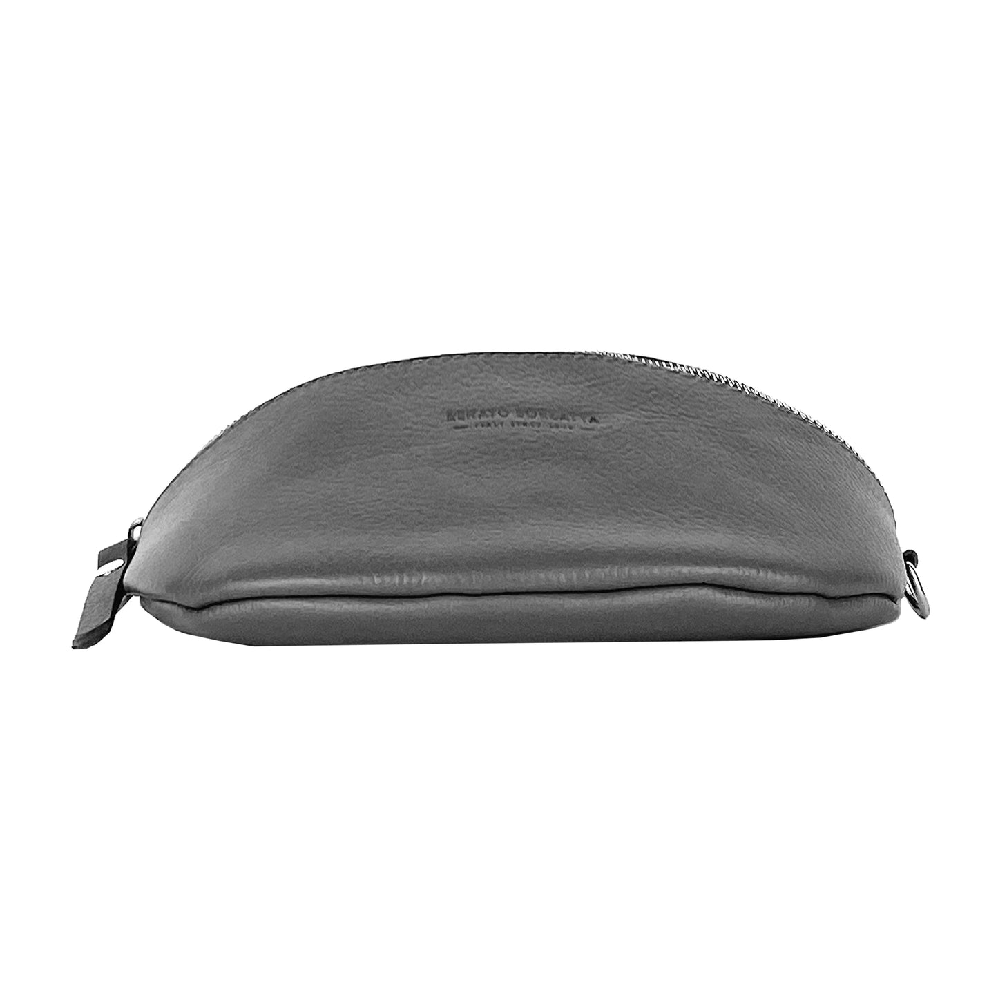 Gray leather pouch with a zipper on a white background