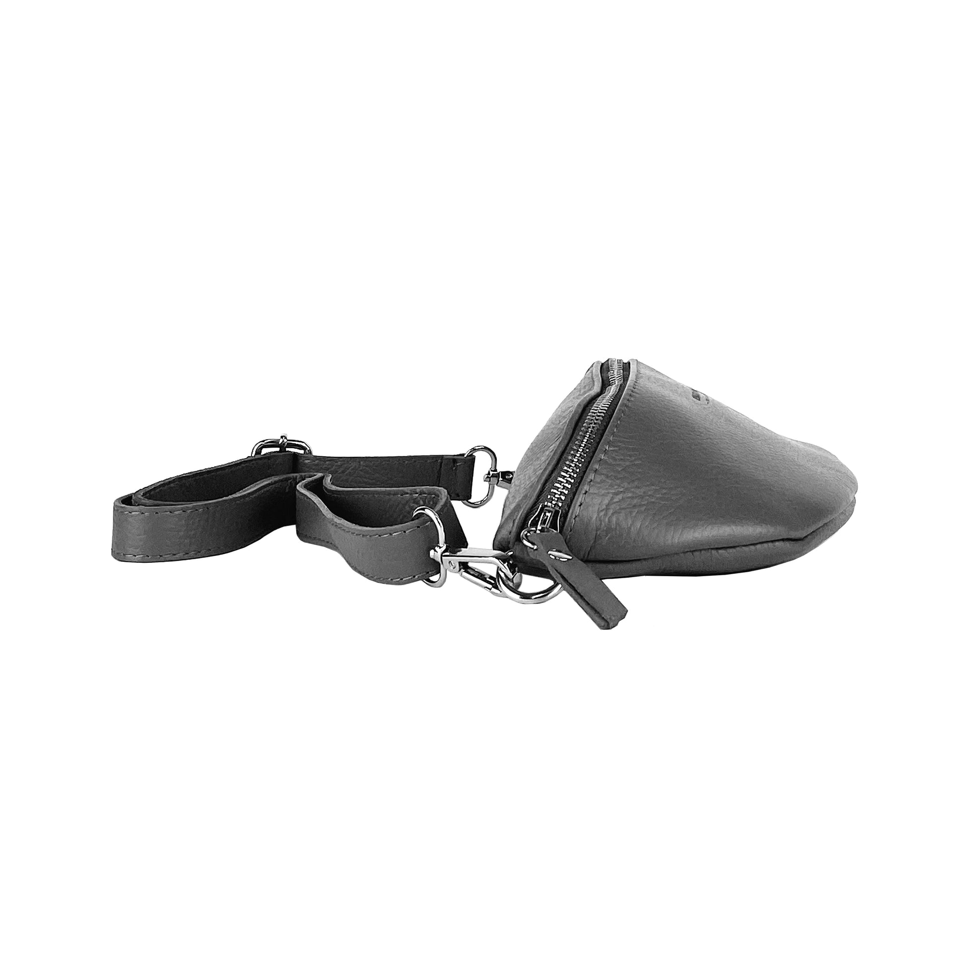 Gray leather waist bag with a strap on a white background