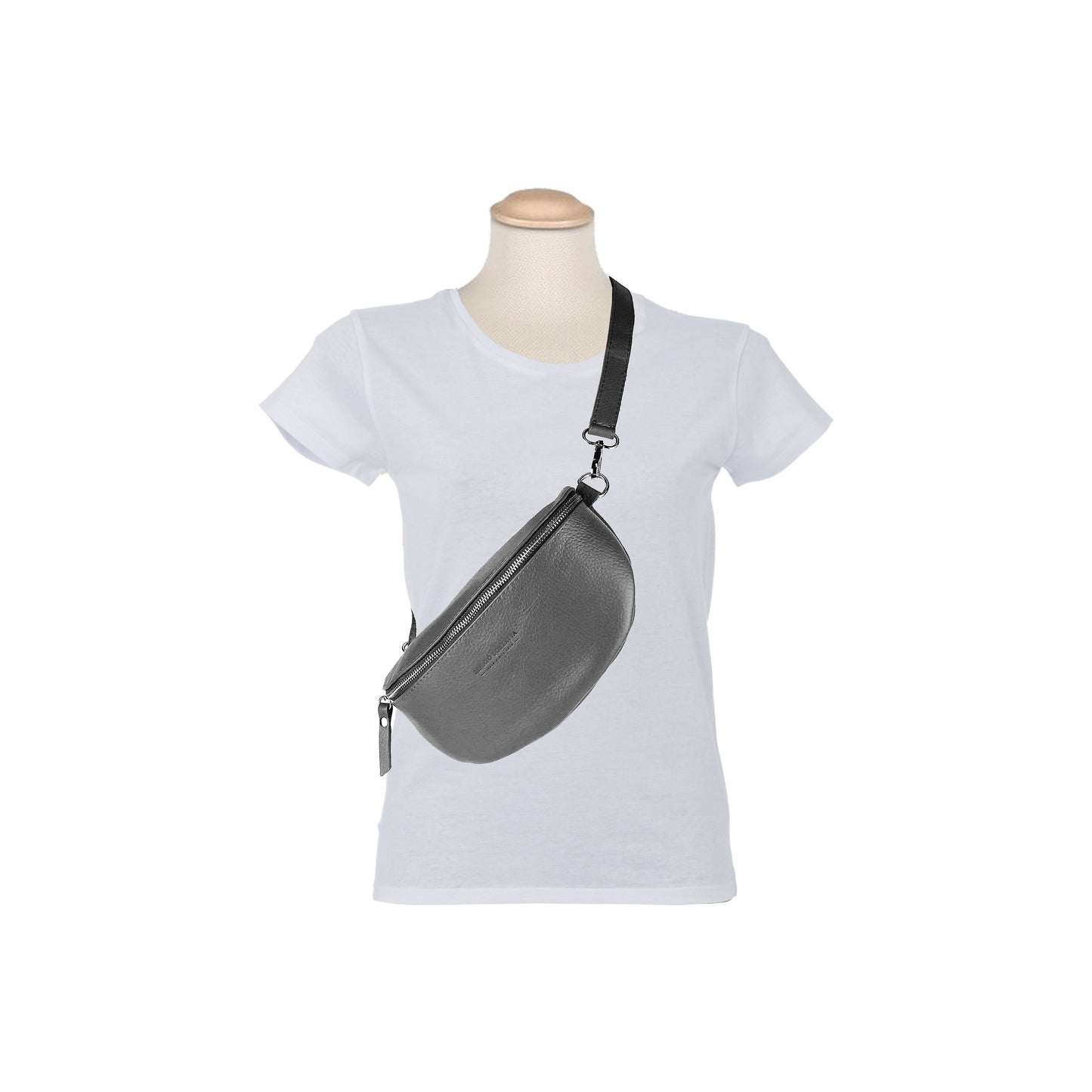 Mannequin wearing a white t-shirt with a gray crossbody bag on a white background