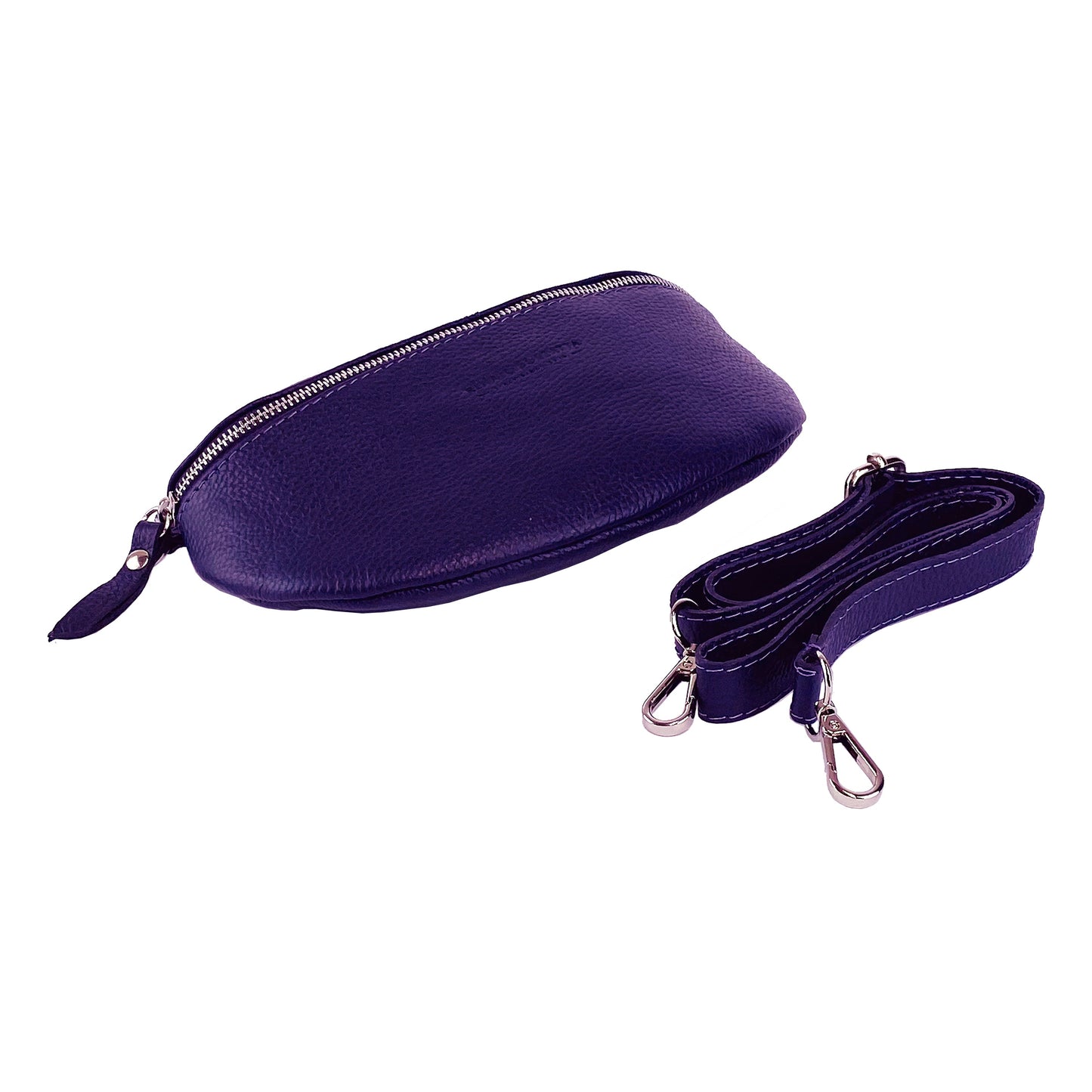 Purple zippered pouch with matching strap on a white background
