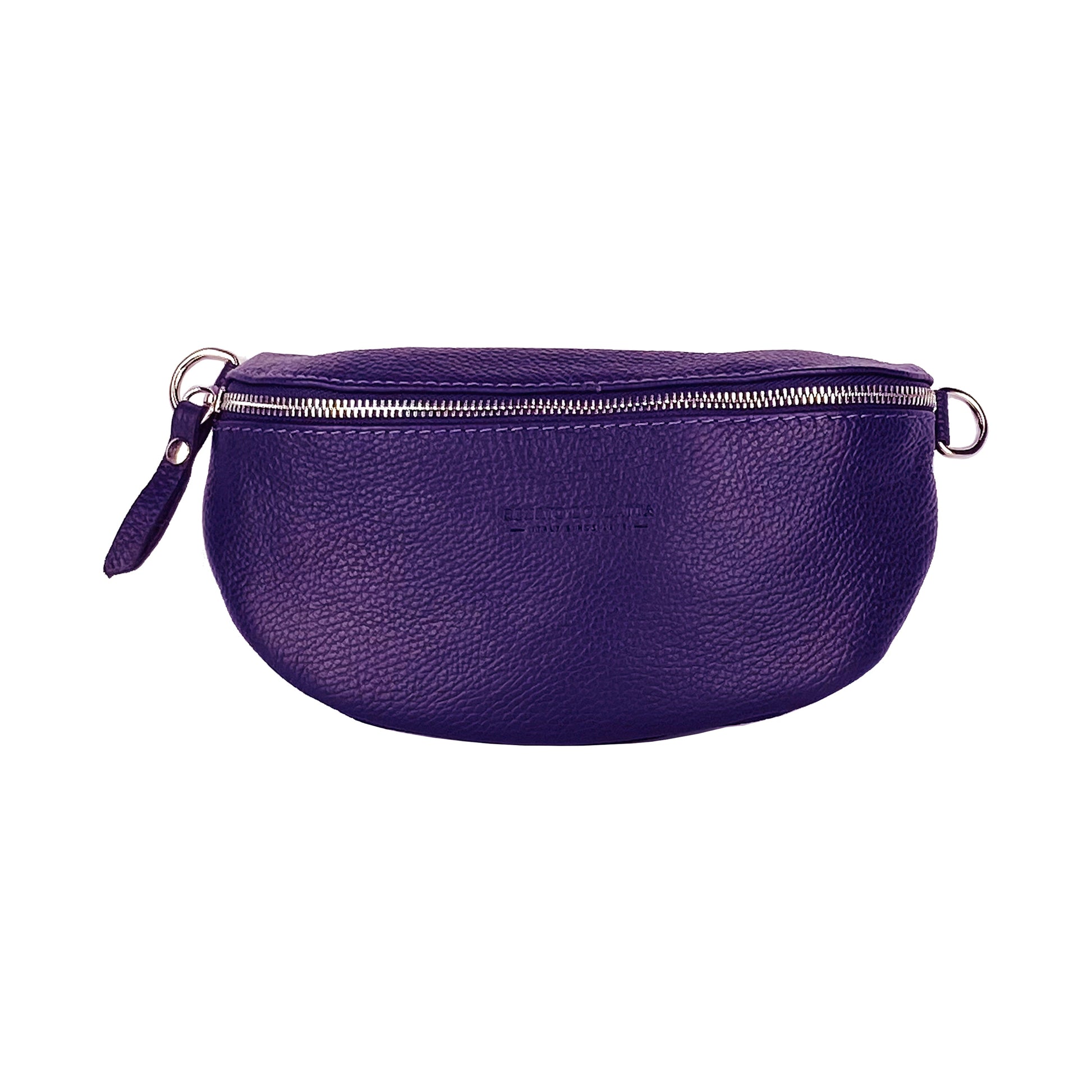 Purple leather waist bag with a zipper on a white background