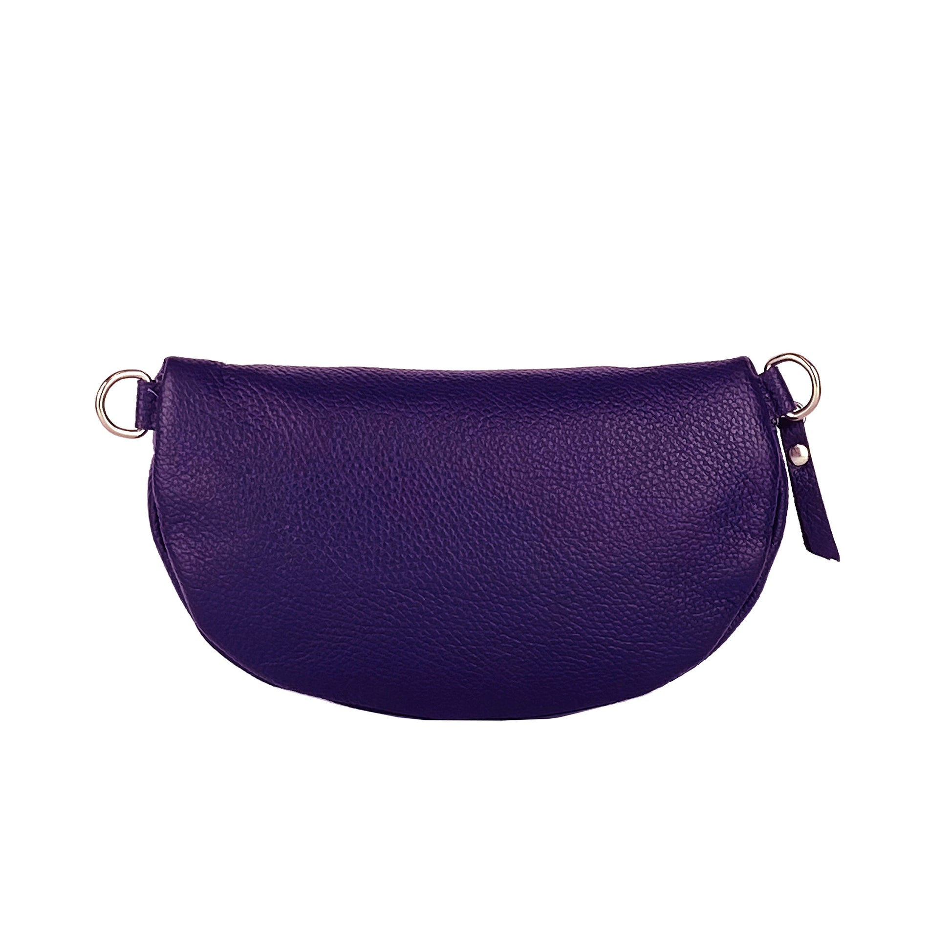 Purple half-moon bag with gold accents on a white background