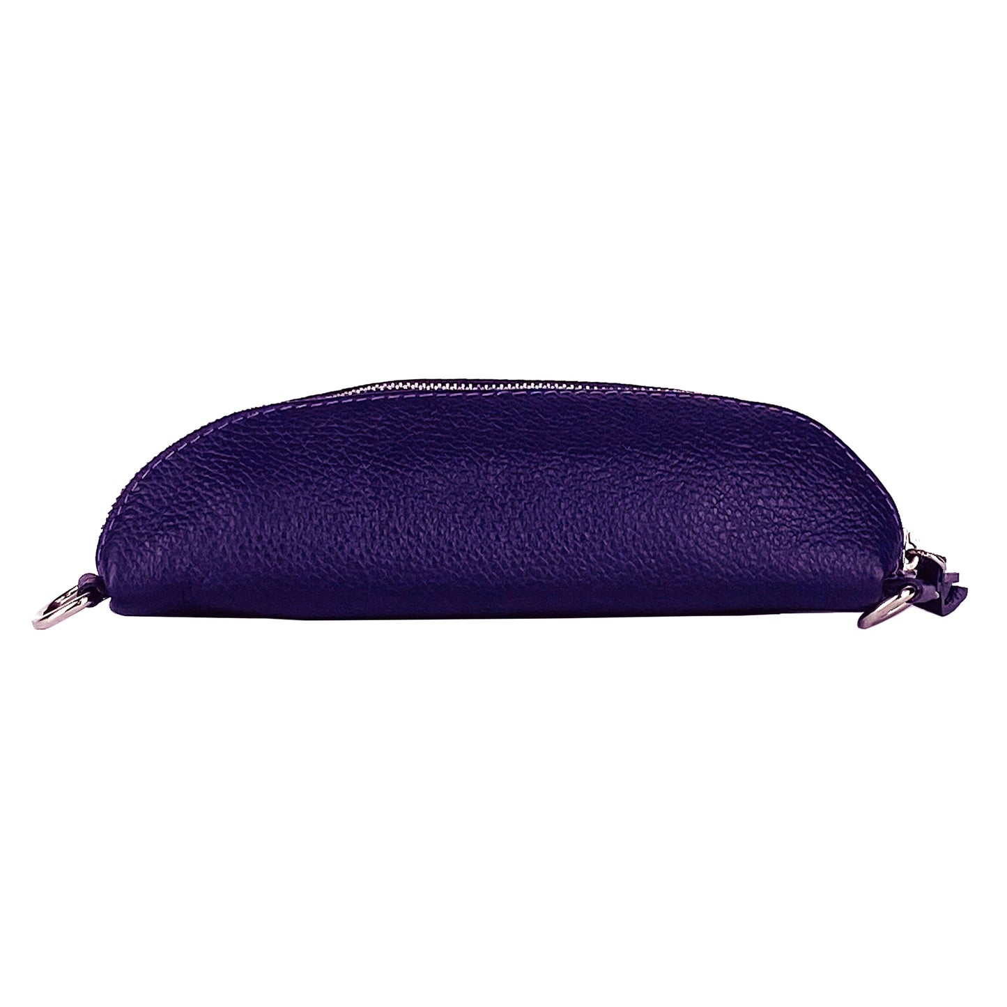 Purple leather pouch with a zipper on a white background