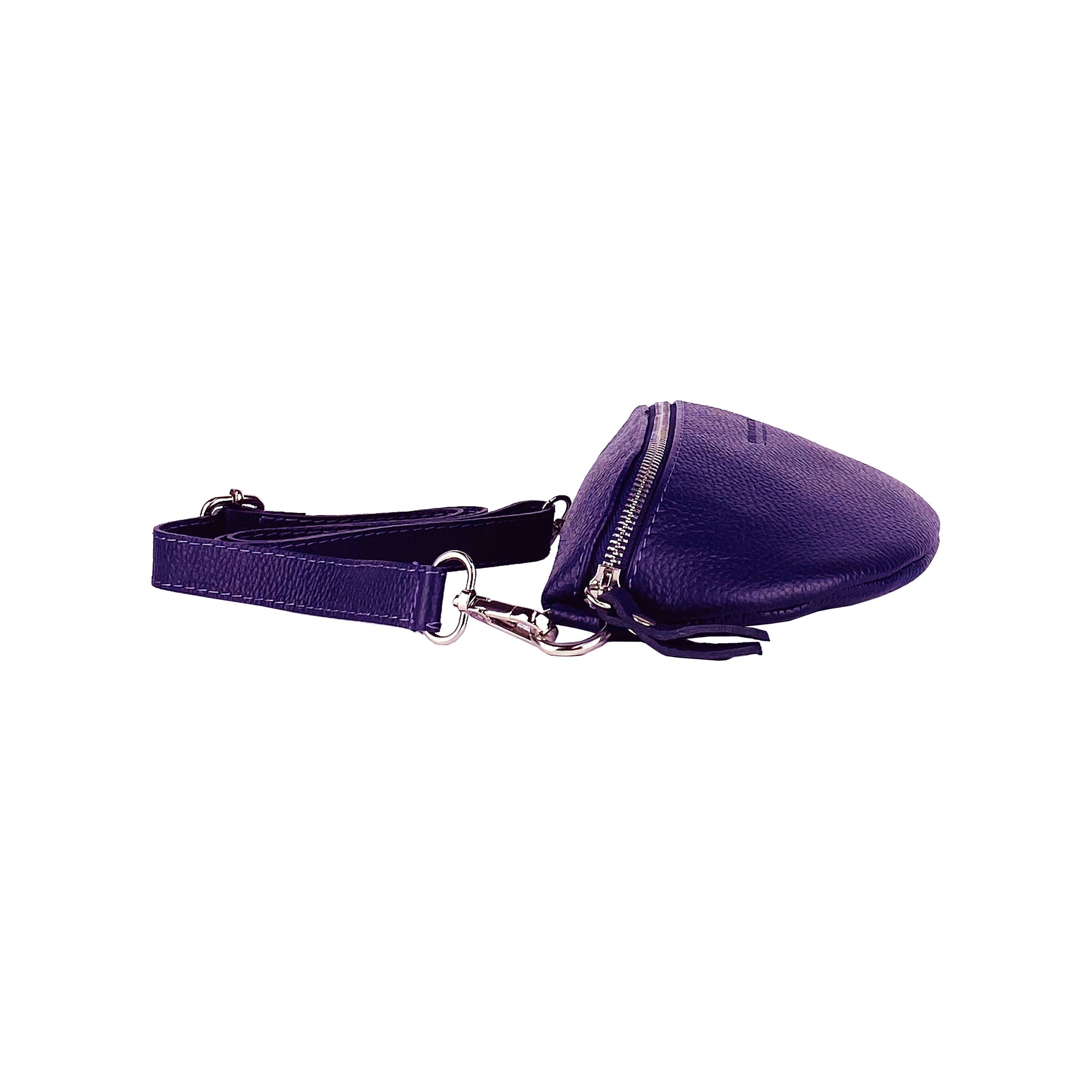 Purple leather bag with a strap on a white background